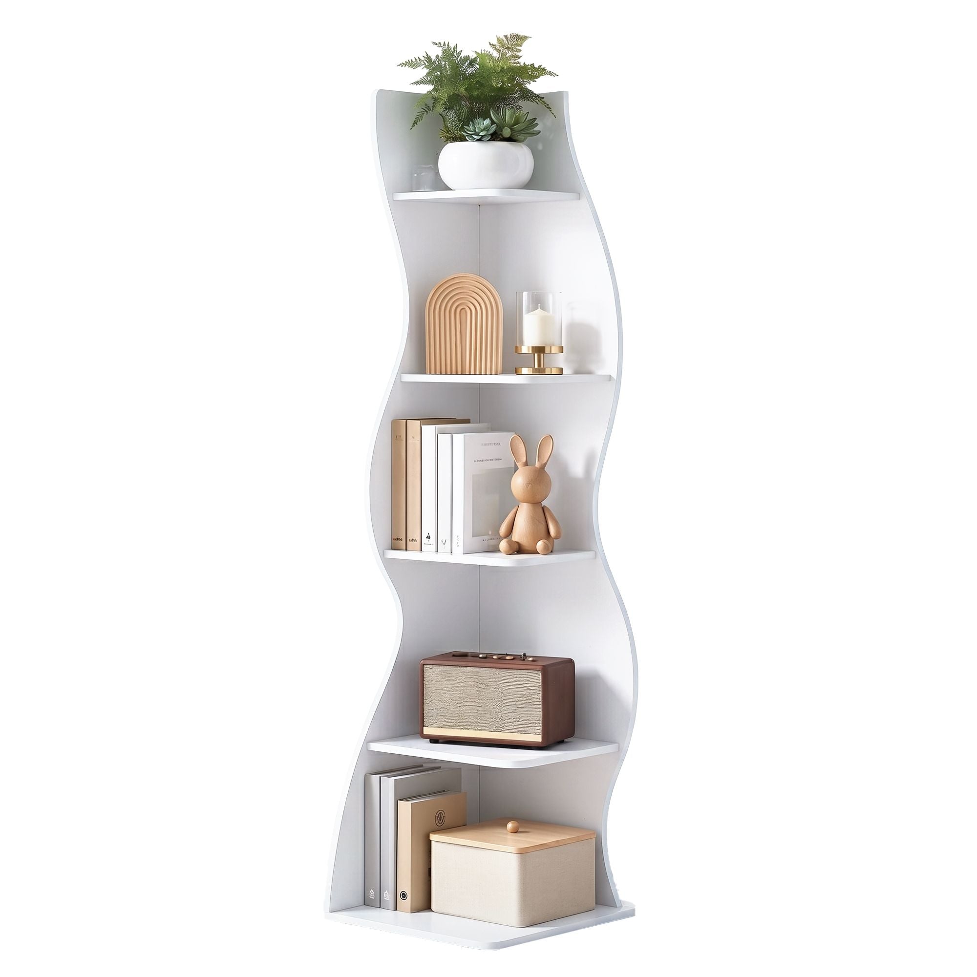 5-Tier Corner Bookshelf S-Shaped White Rack | Simpledeals