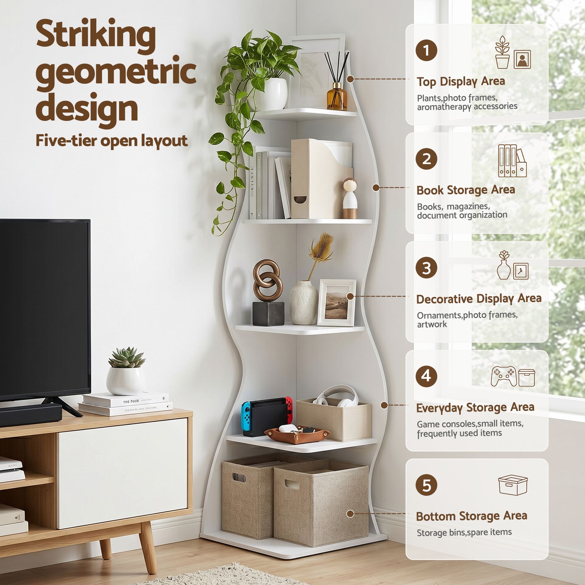 5-Tier Corner Bookshelf S-Shaped White Rack | Simpledeals
