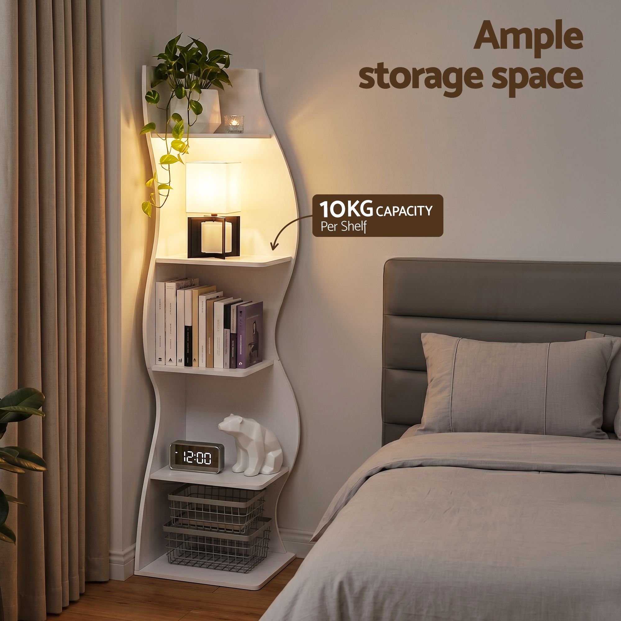 5-Tier Corner Bookshelf S-Shaped White Rack | Simpledeals