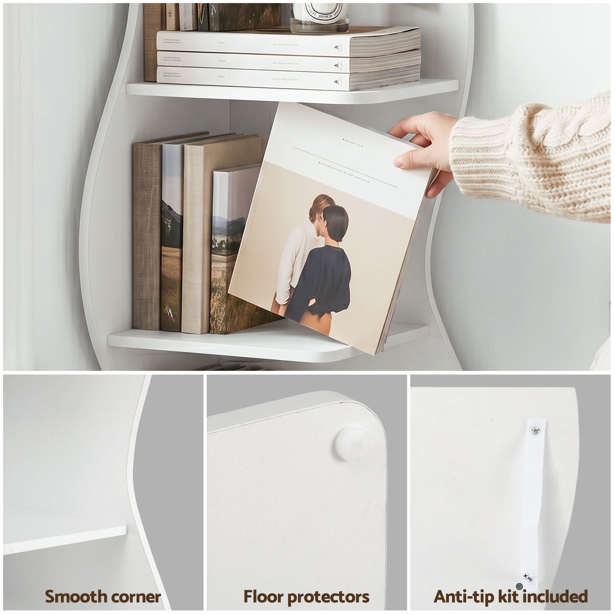 5-Tier Corner Bookshelf S-Shaped White Rack | Simpledeals
