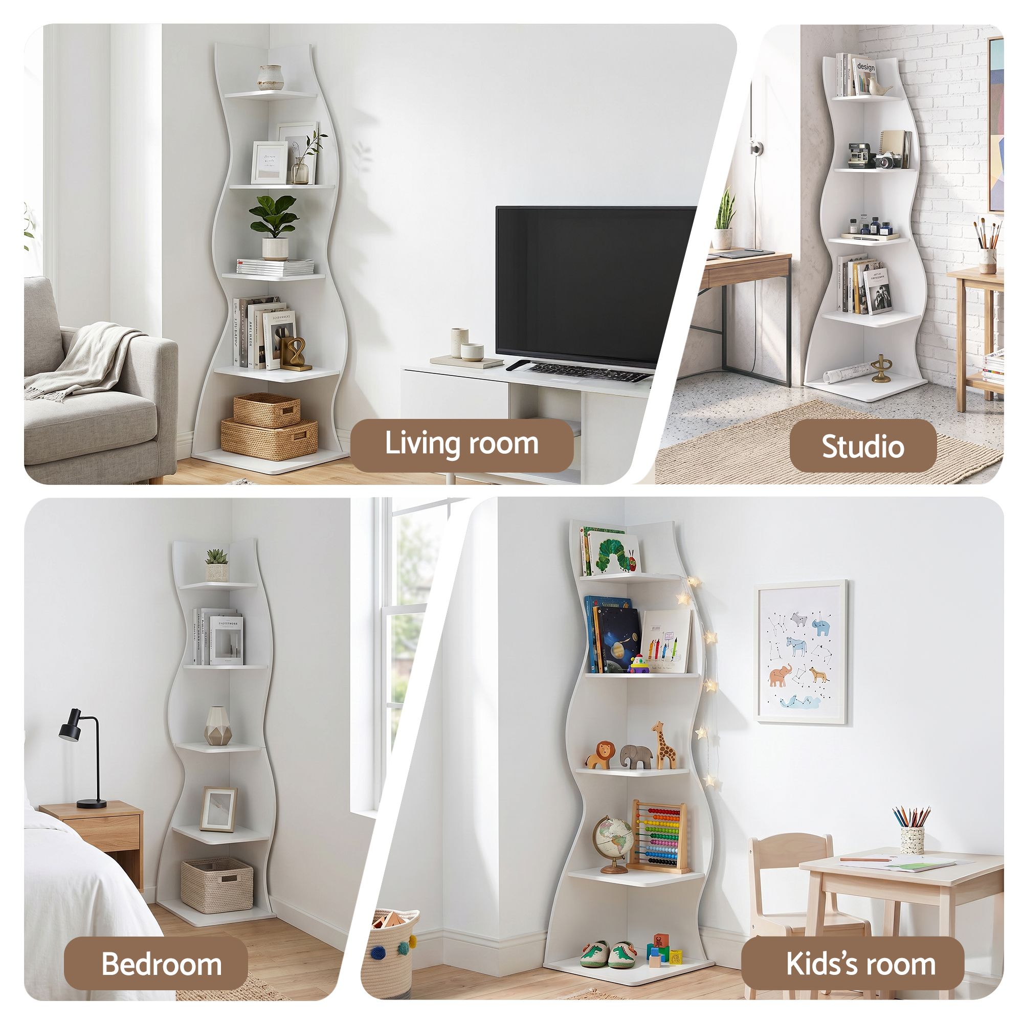 5-Tier Corner Bookshelf S-Shaped White Rack | Simpledeals