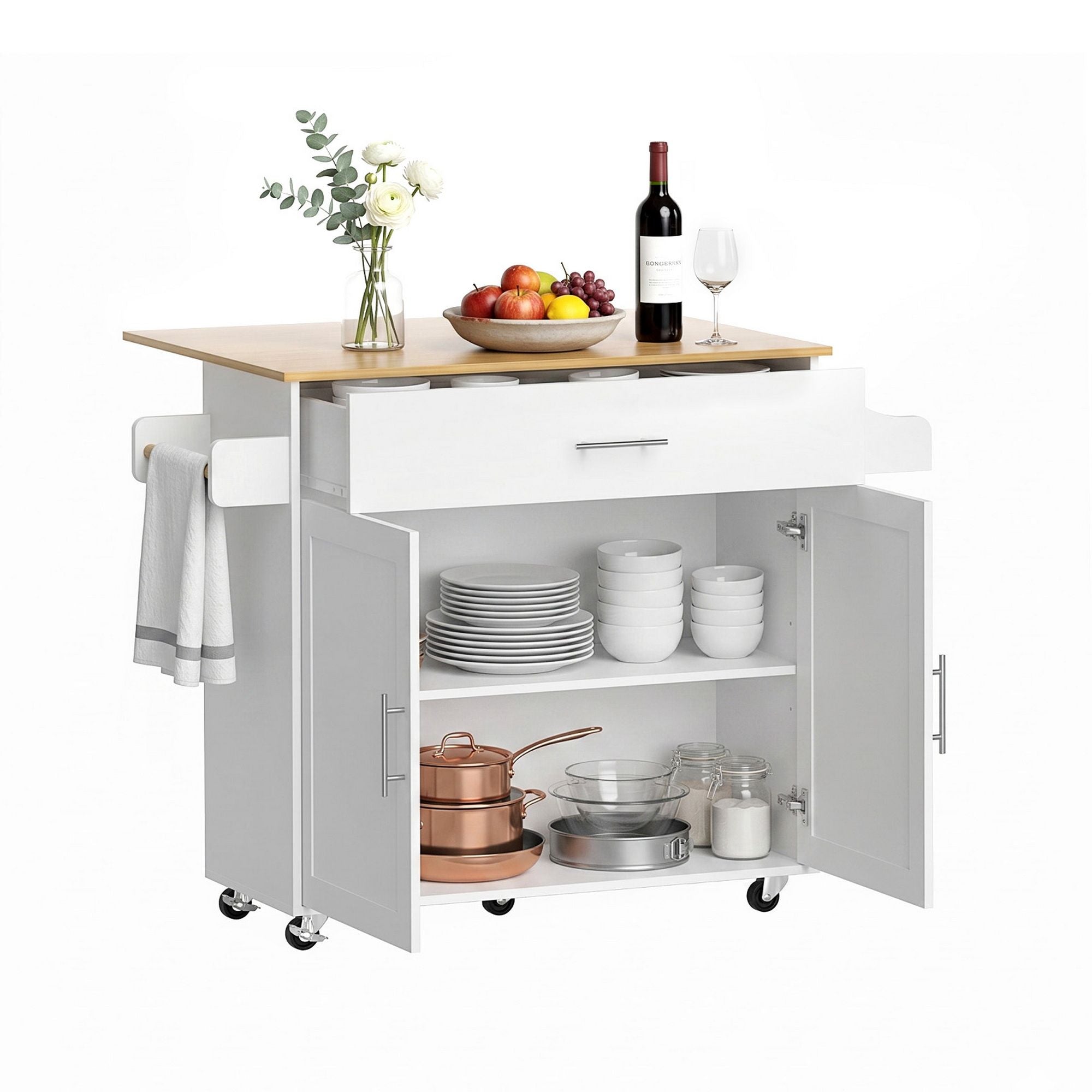 Kitchen Island Trolley Rolling Cart 90cm White | Simpledeals