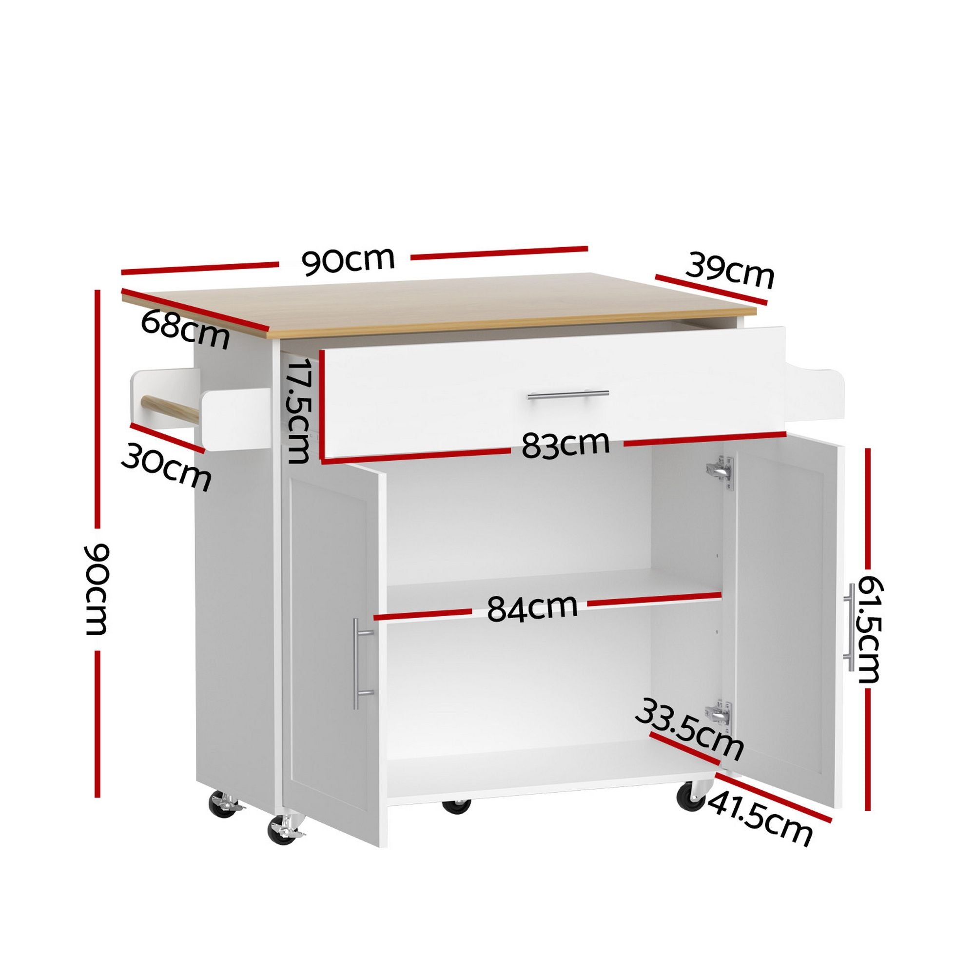 Kitchen Island Trolley Rolling Cart 90cm White | Simpledeals