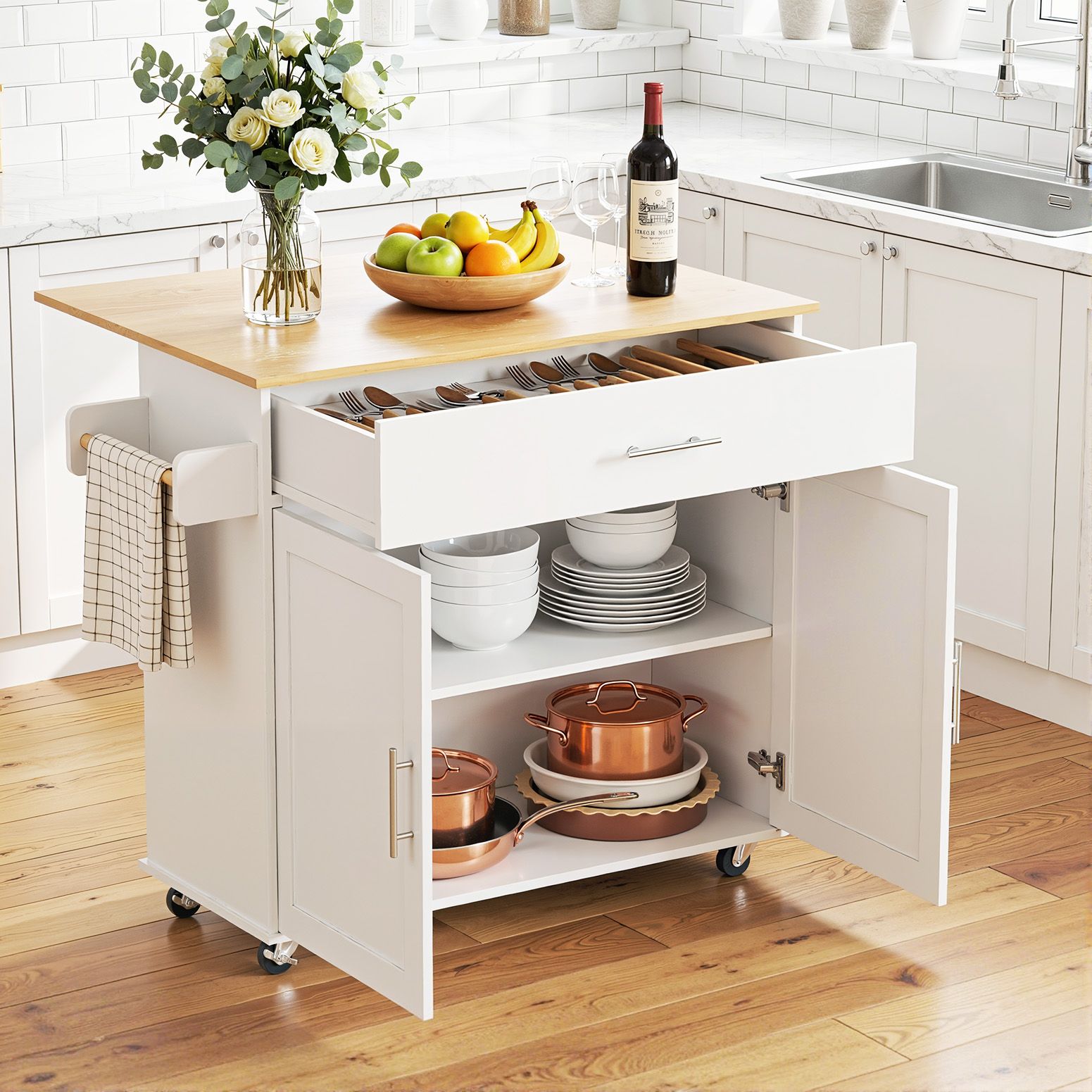 Kitchen Island Trolley Rolling Cart 90cm White | Simpledeals