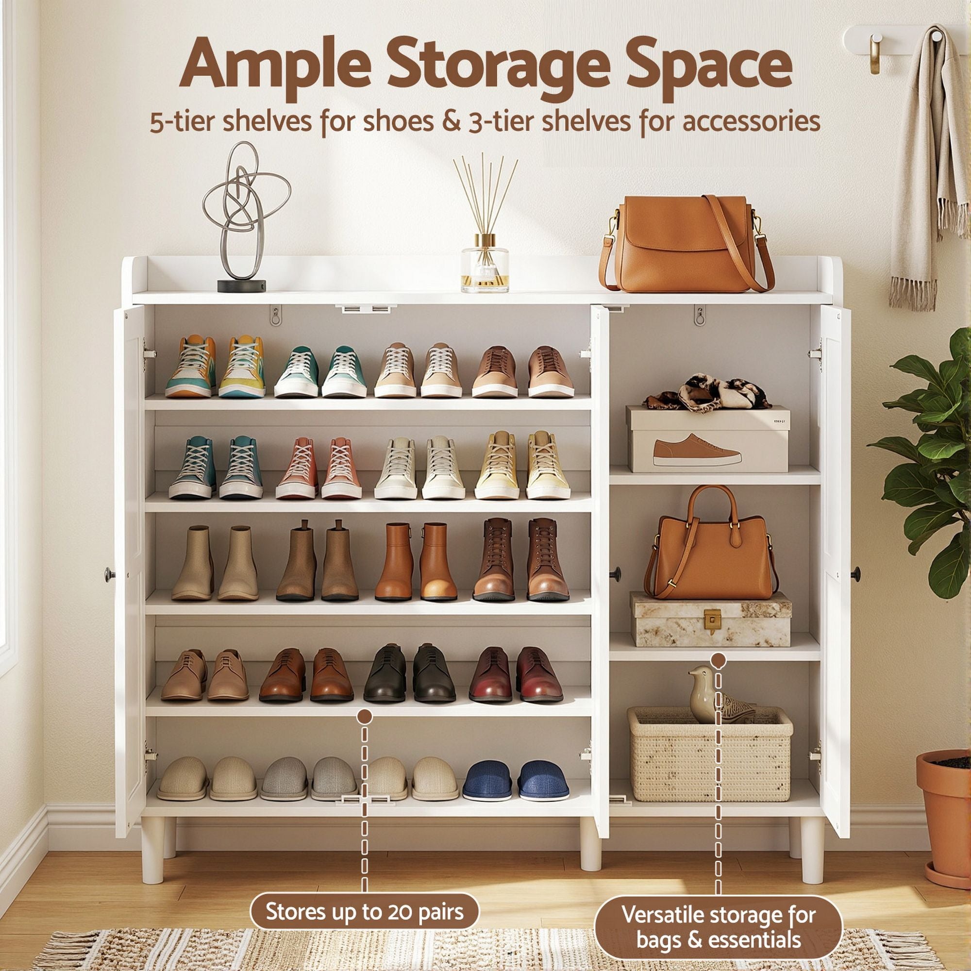 Shoe Cabinet 30 Pairs 8-Tier Storage White | Simpledeals