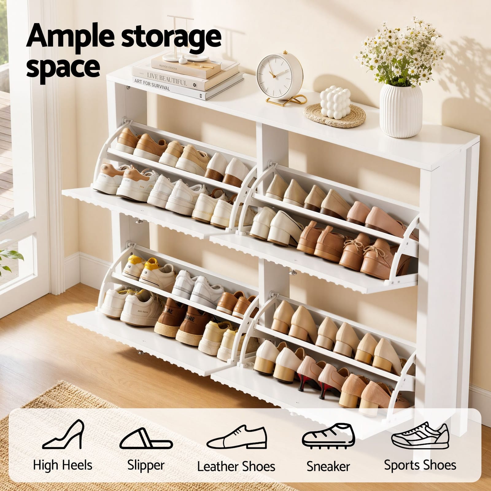 Shoe Cabinet 4 Drawer White 110x24x90cm