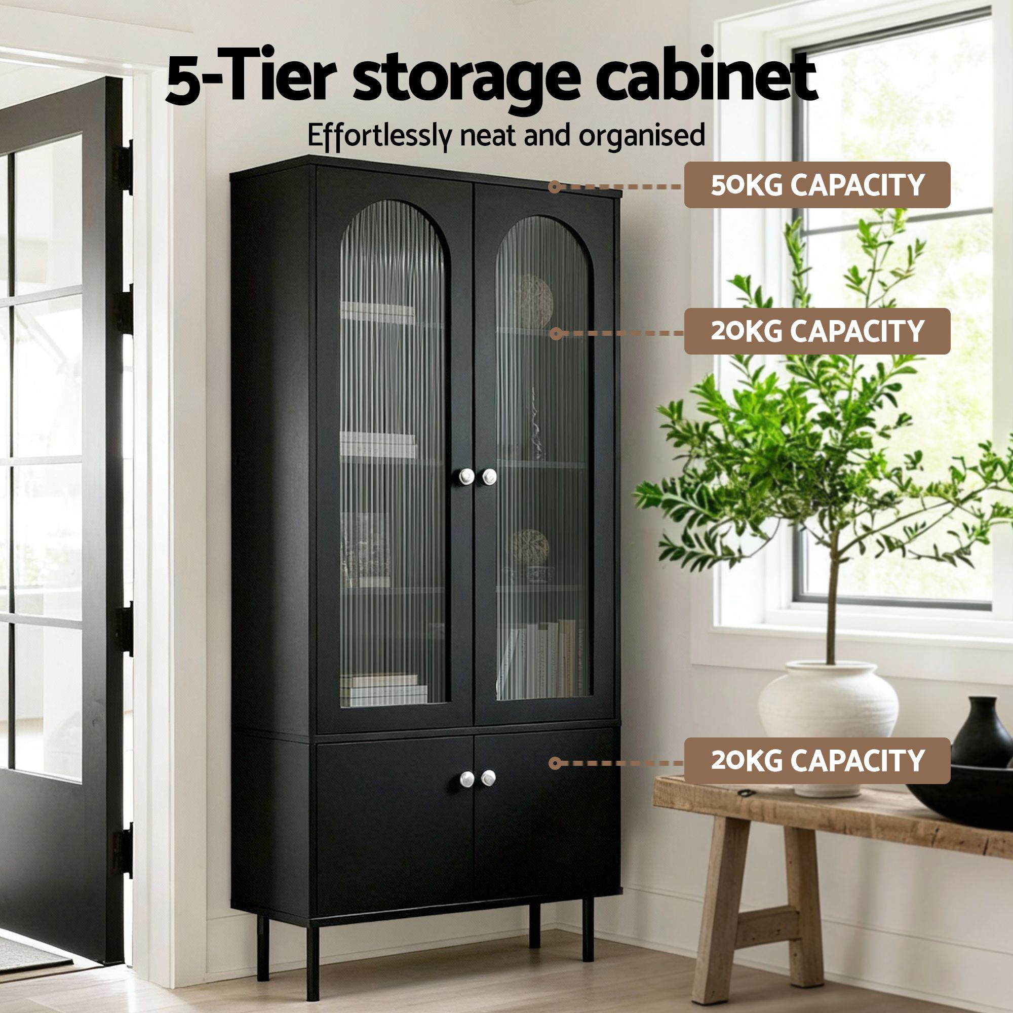 Fluted Buffet Sideboard Cabinet 5-Tier Black | Simpledeals