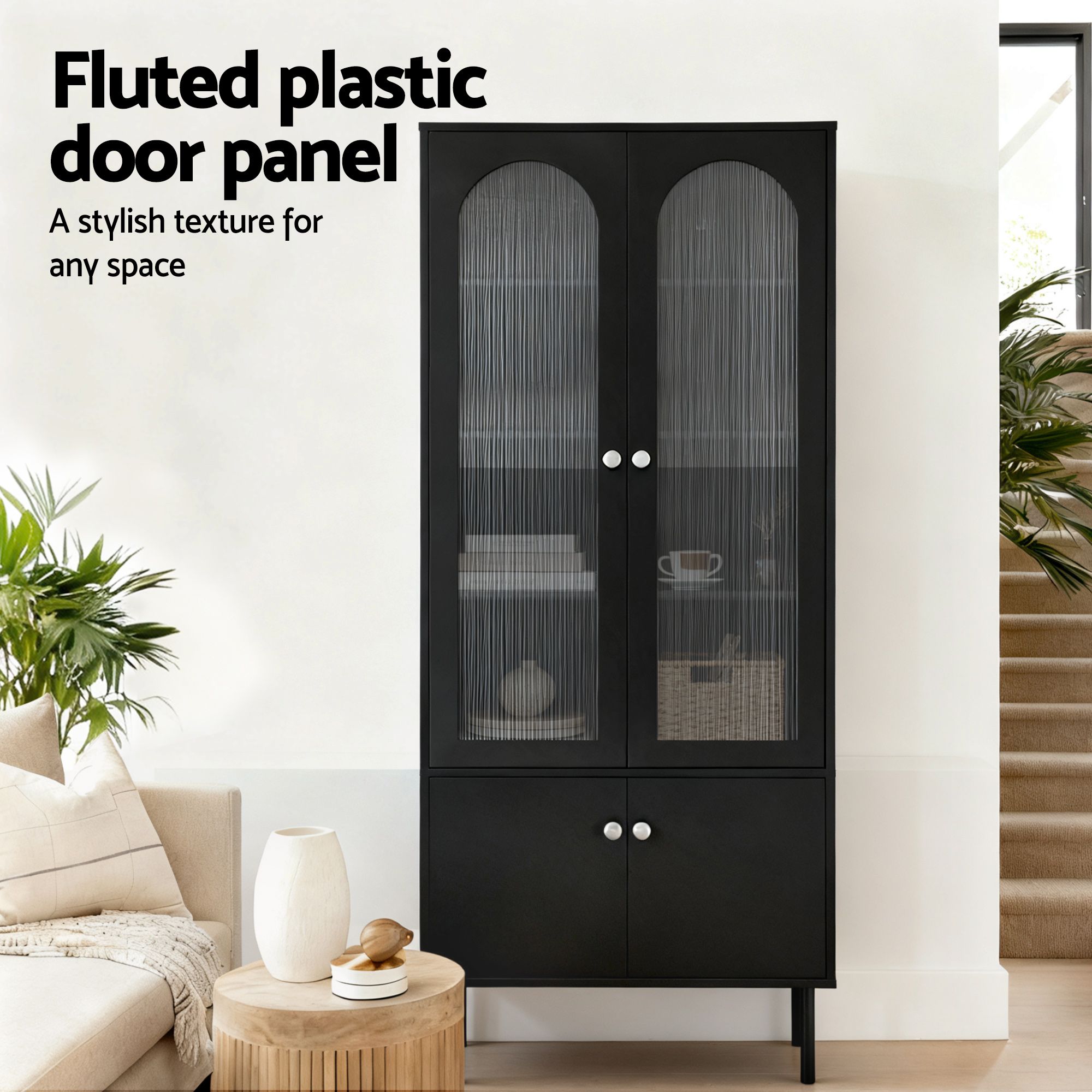 Fluted Buffet Sideboard Cabinet 5-Tier Black | Simpledeals