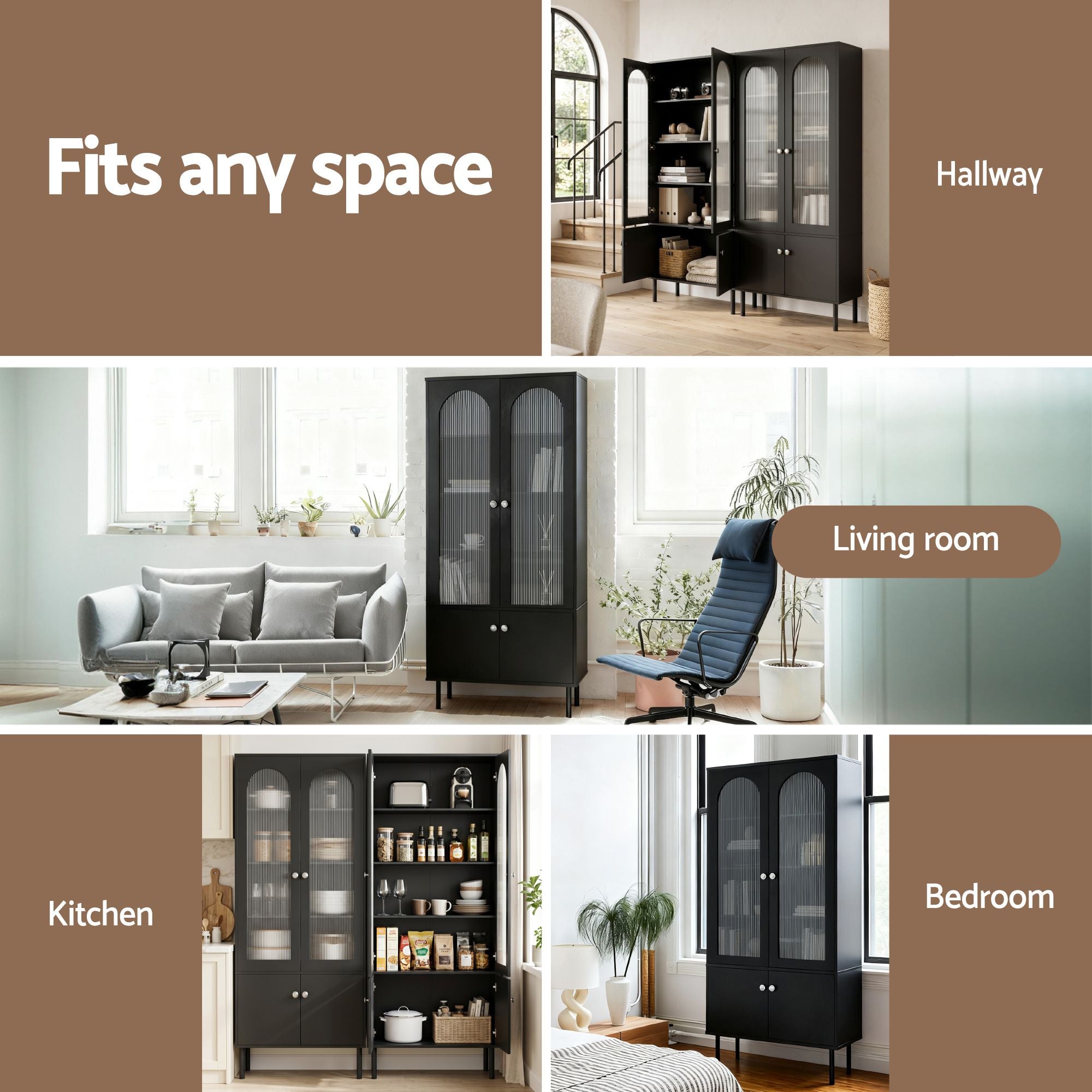 Fluted Buffet Sideboard Cabinet 5-Tier Black | Simpledeals