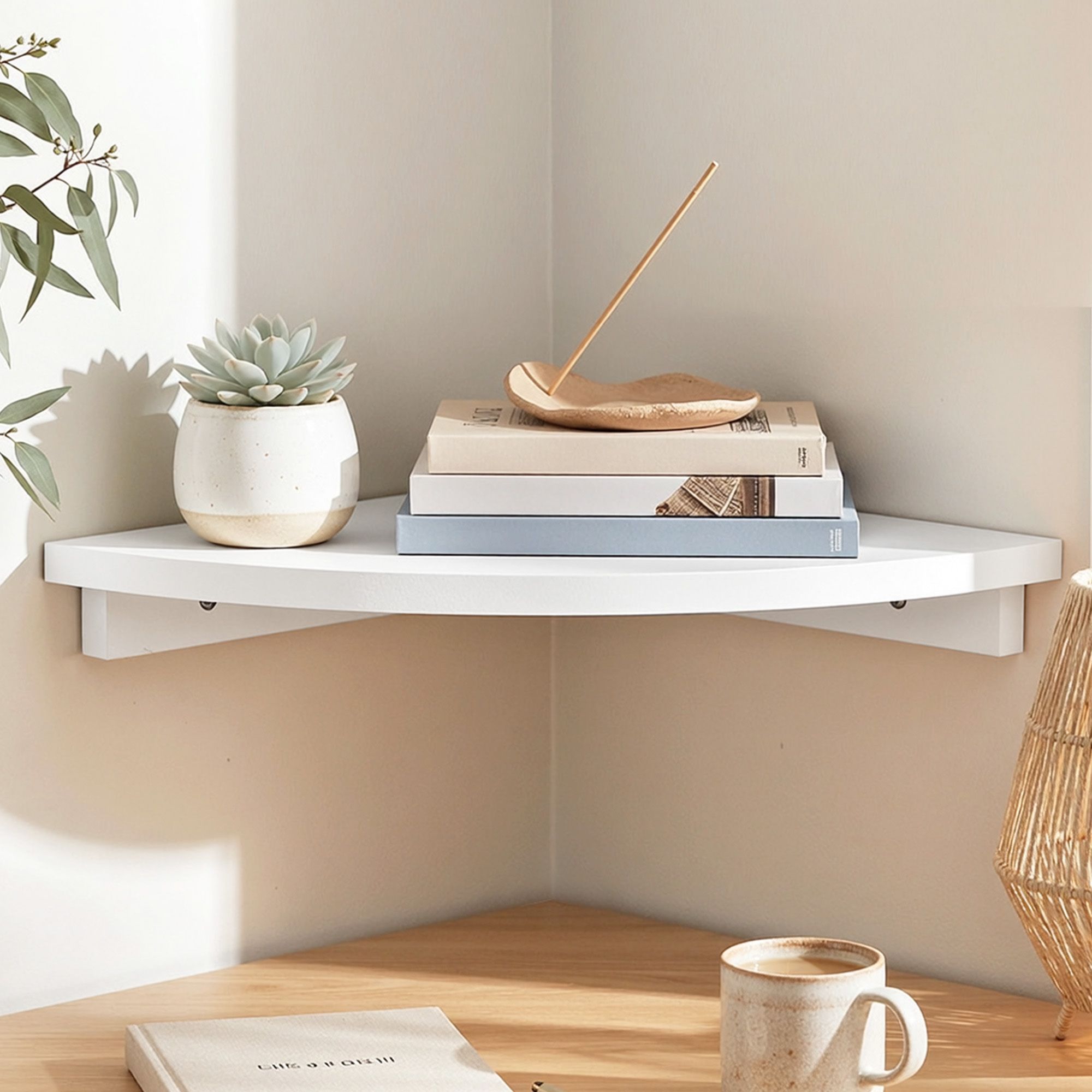 Corner Floating Wall Shelf White Round Edge | Simpledeals