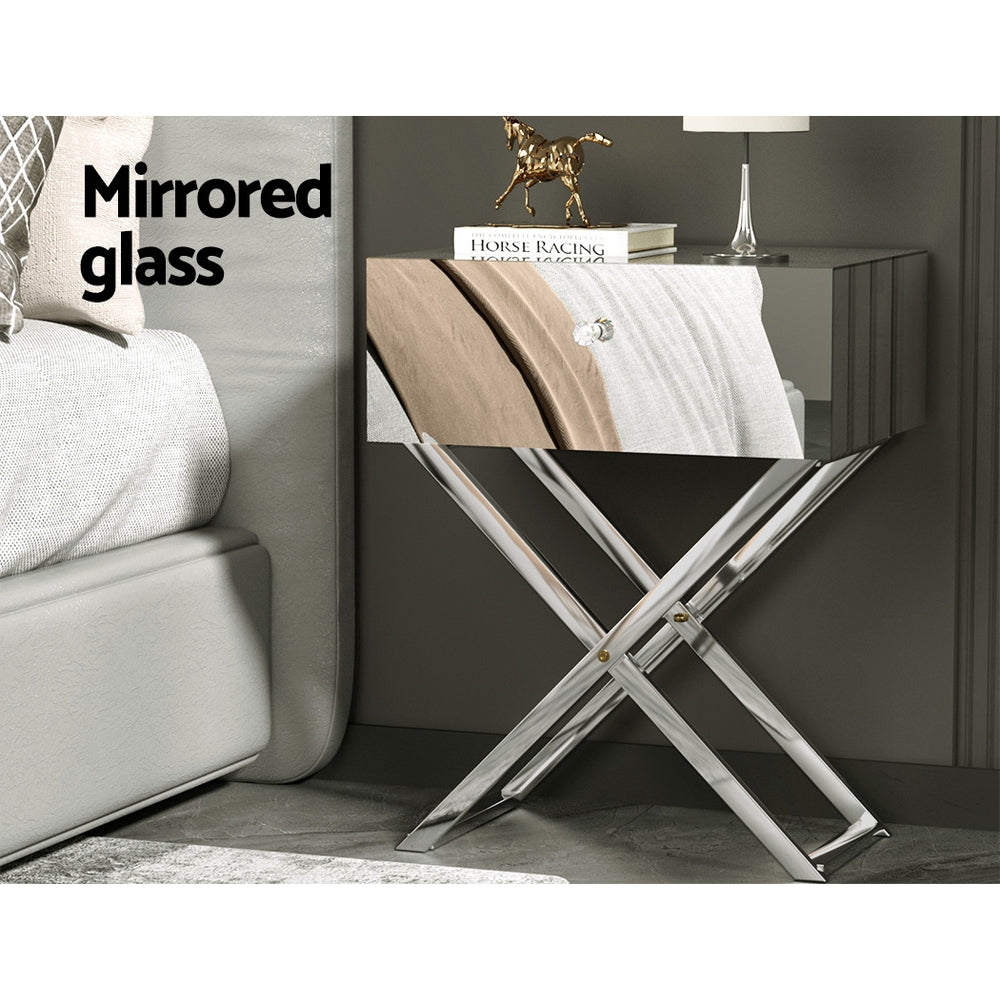 Mirrored Silver Elegance Bedside Table with Nightstand Drawers