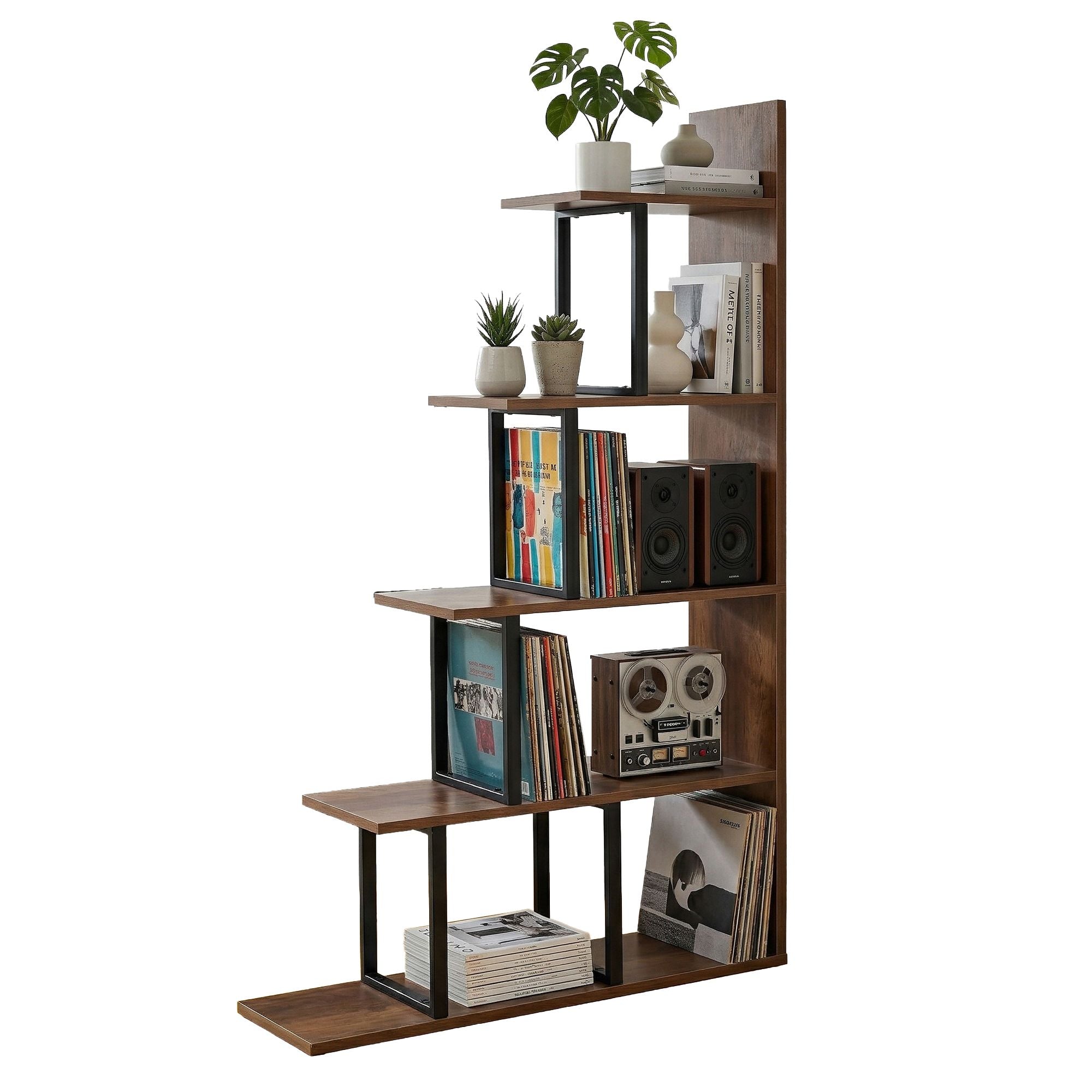 5 Tier Corner Bookshelf Ladder Shelf Walnut | Simpledeals