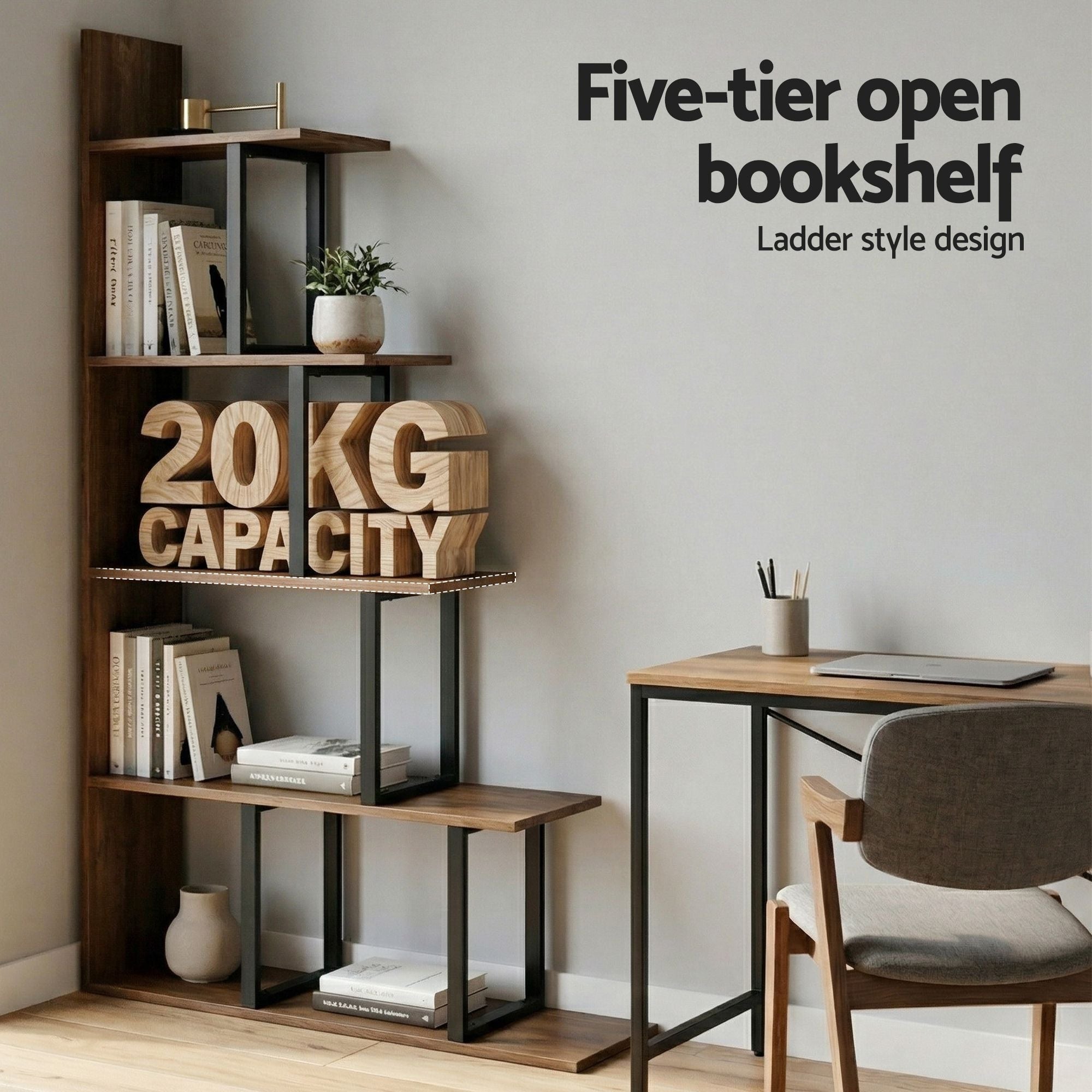 5 Tier Corner Bookshelf Ladder Shelf Walnut | Simpledeals