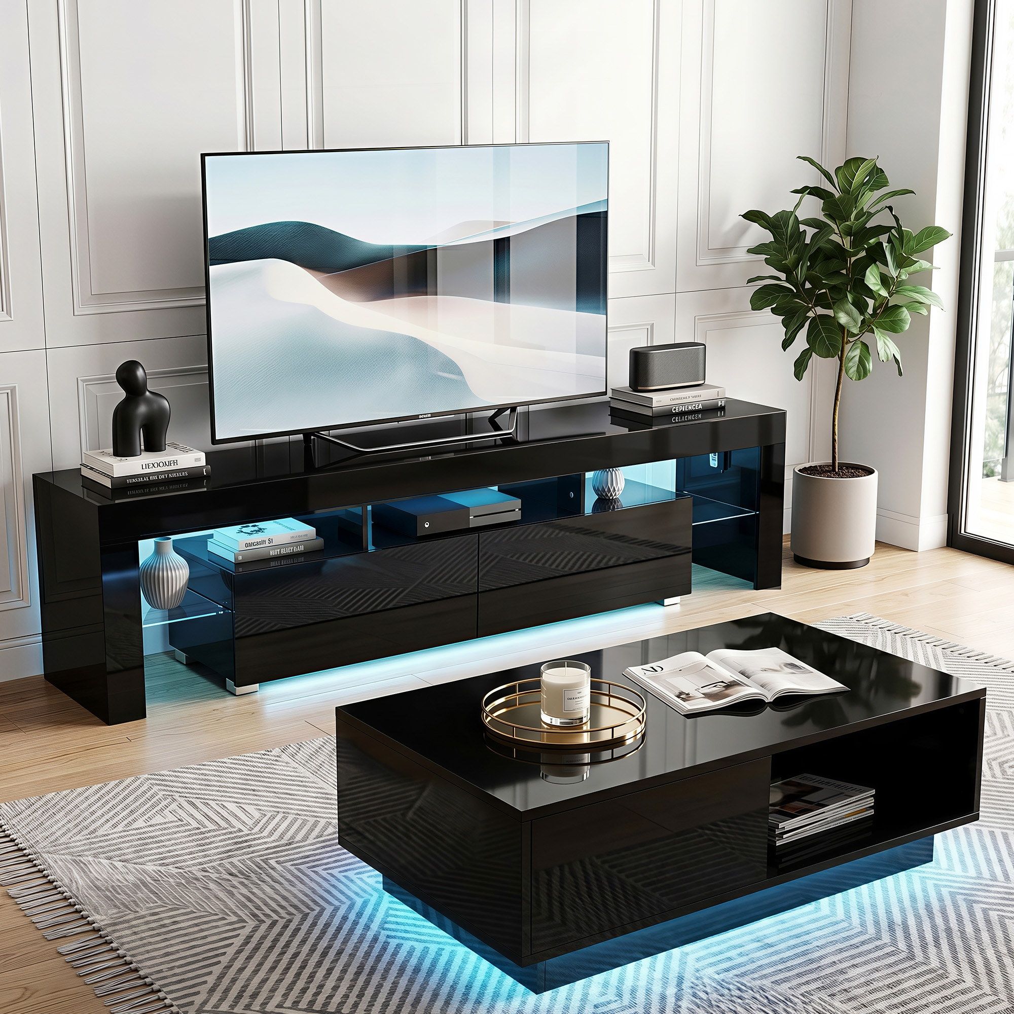 LED TV Unit Coffee Table Set 189cm Black | Simpledeals