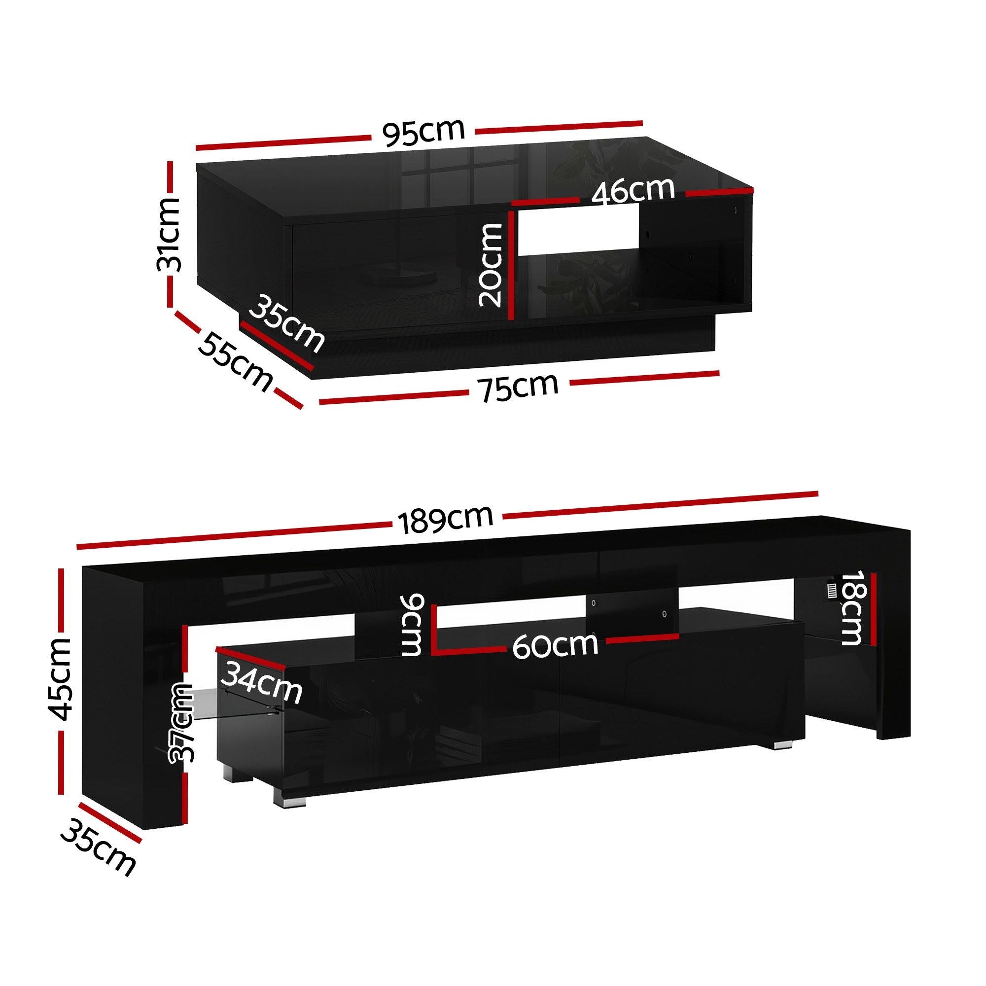 LED TV Unit Coffee Table Set 189cm Black | Simpledeals