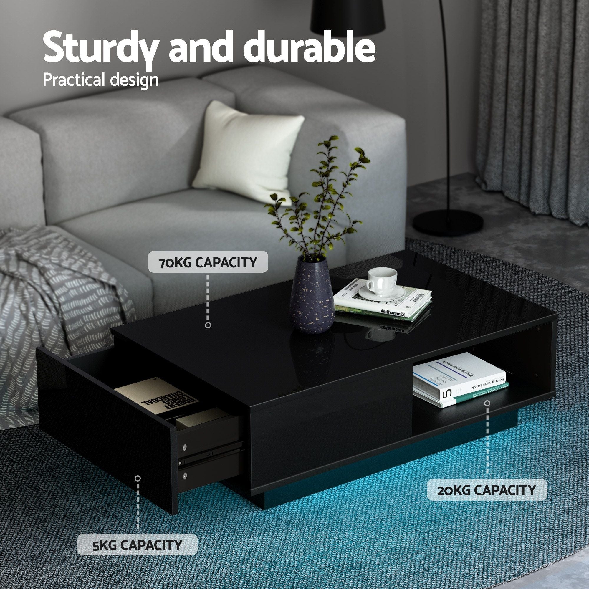 LED TV Unit Coffee Table Set 189cm Black | Simpledeals
