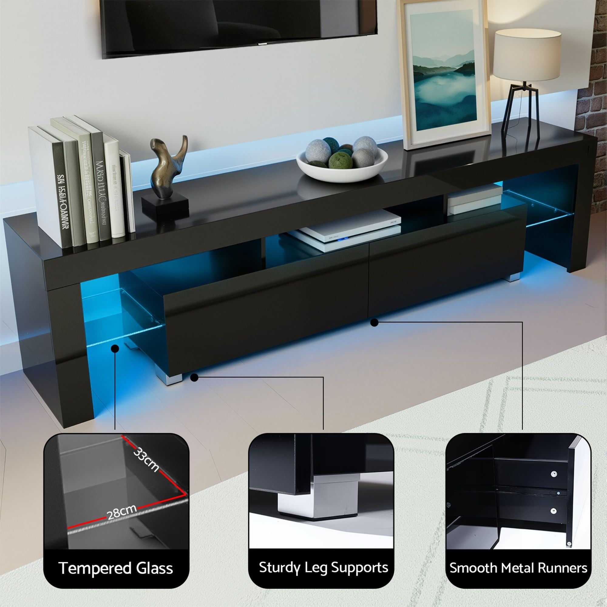 LED TV Unit Coffee Table Set 189cm Black | Simpledeals