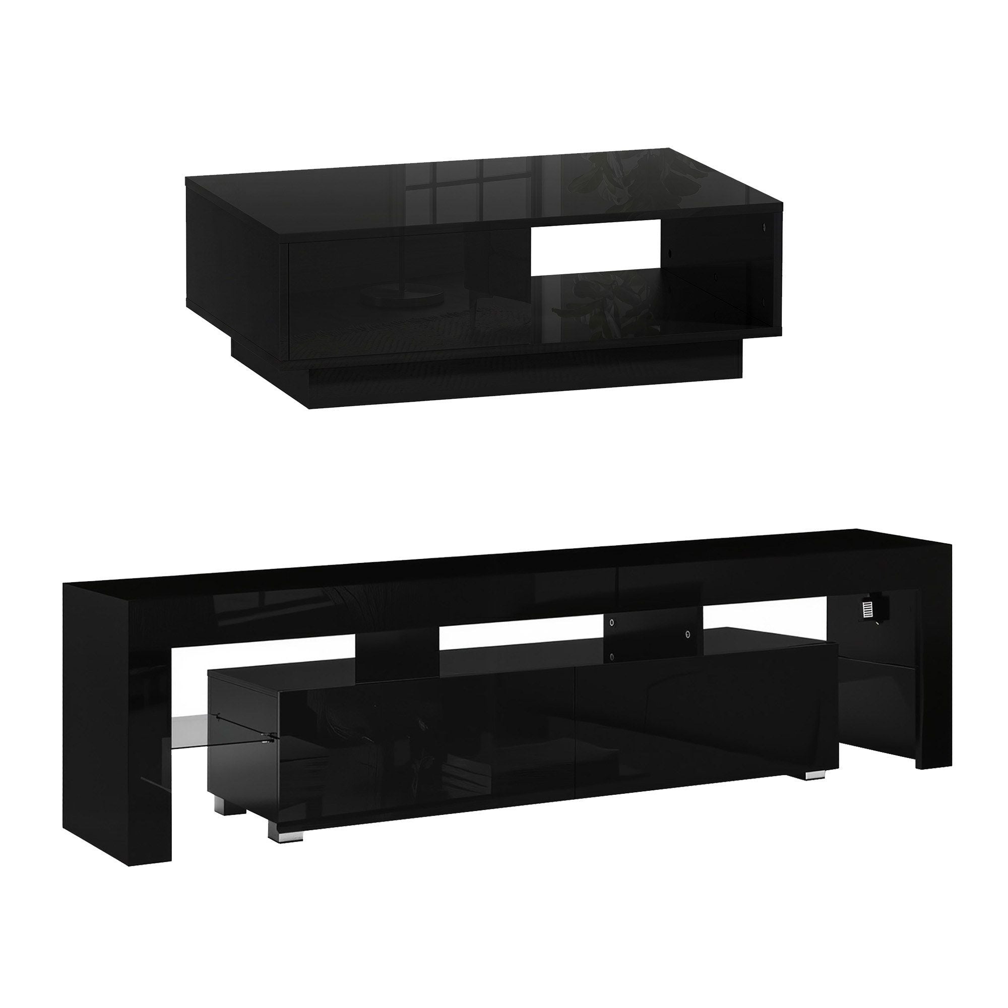 LED TV Unit Coffee Table Set 189cm Black | Simpledeals