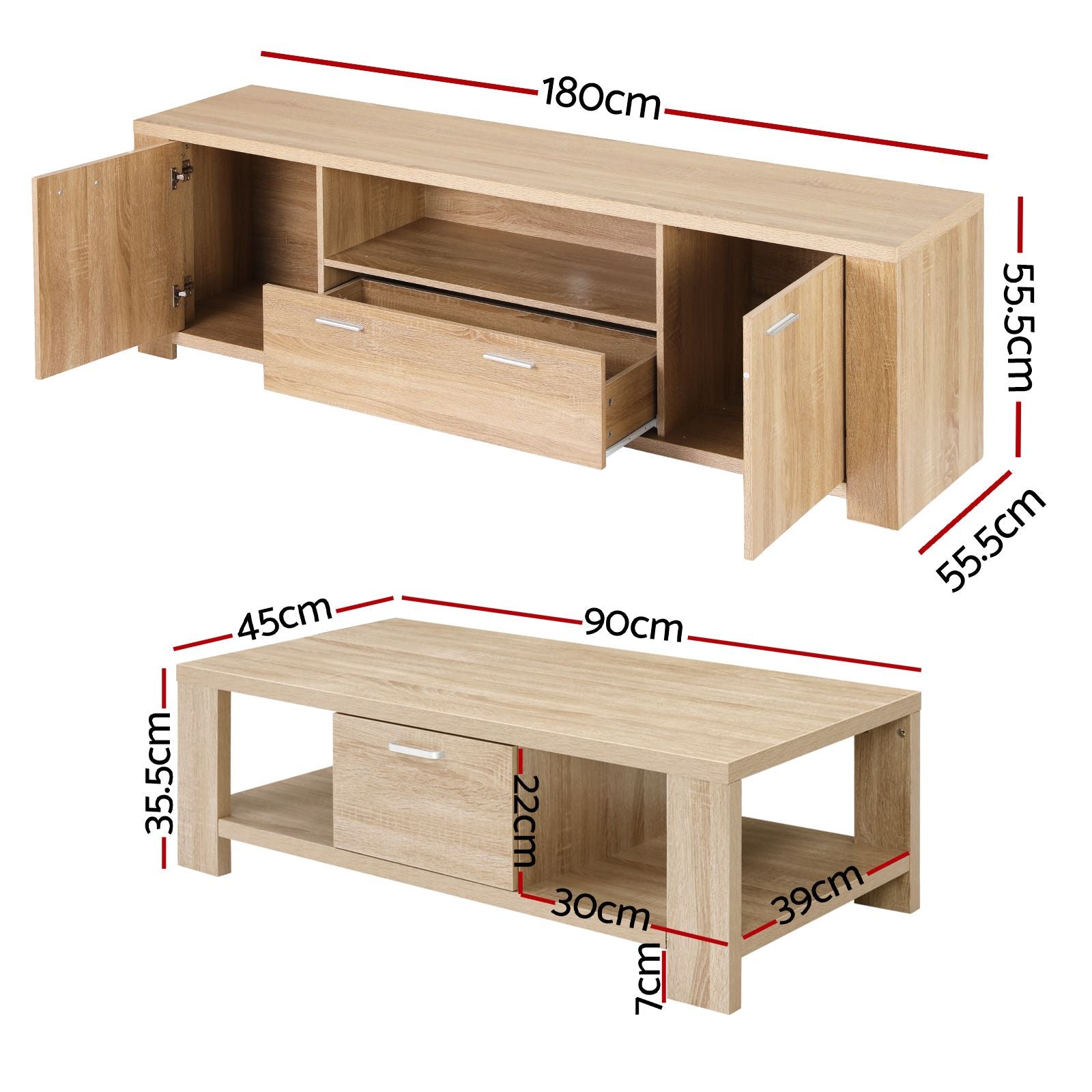 TV Unit Coffee Table Set Pine 180cm | Simpledeals
