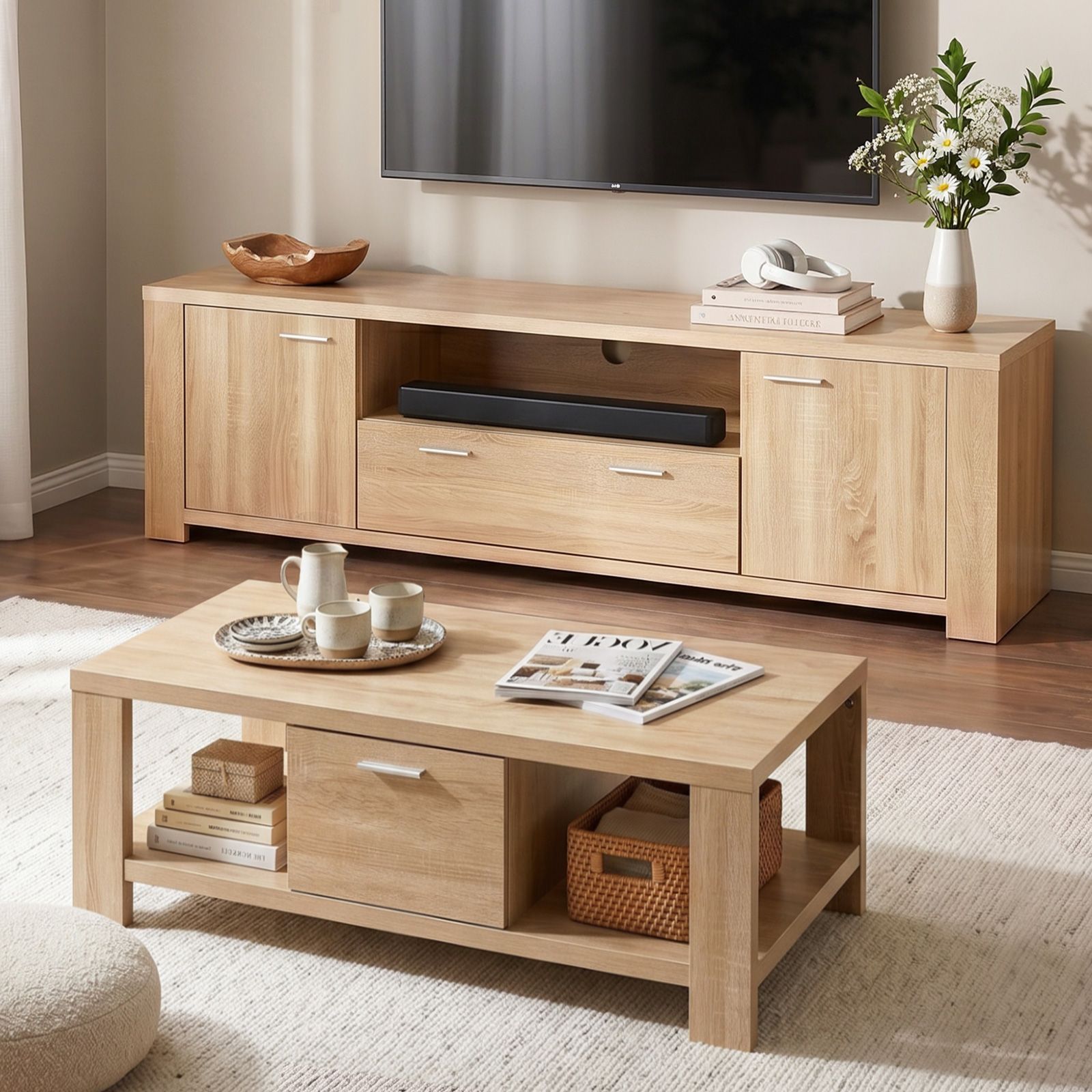 TV Unit Coffee Table Set Pine 180cm | Simpledeals