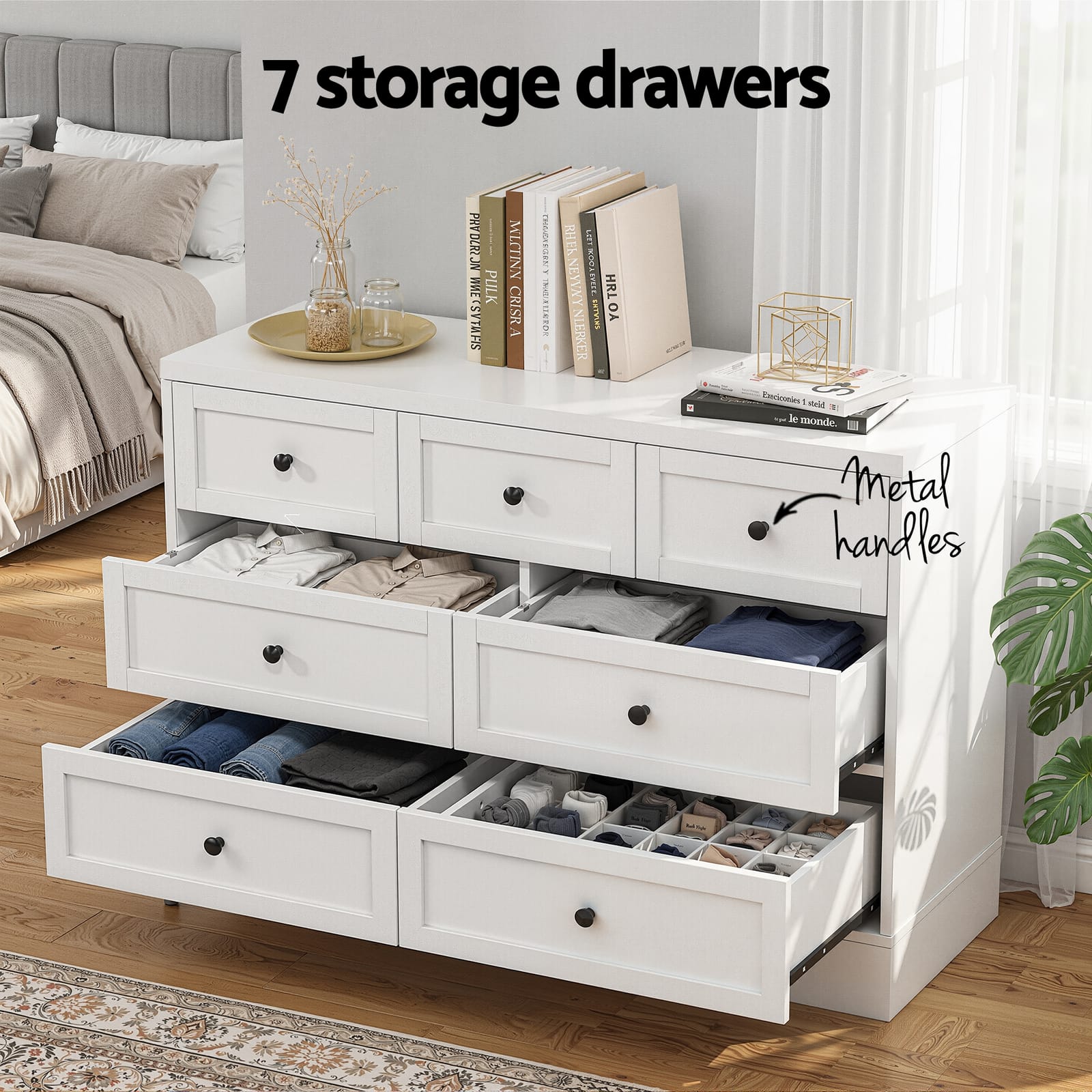 White 7 Drawer Chest 110x39x72cm