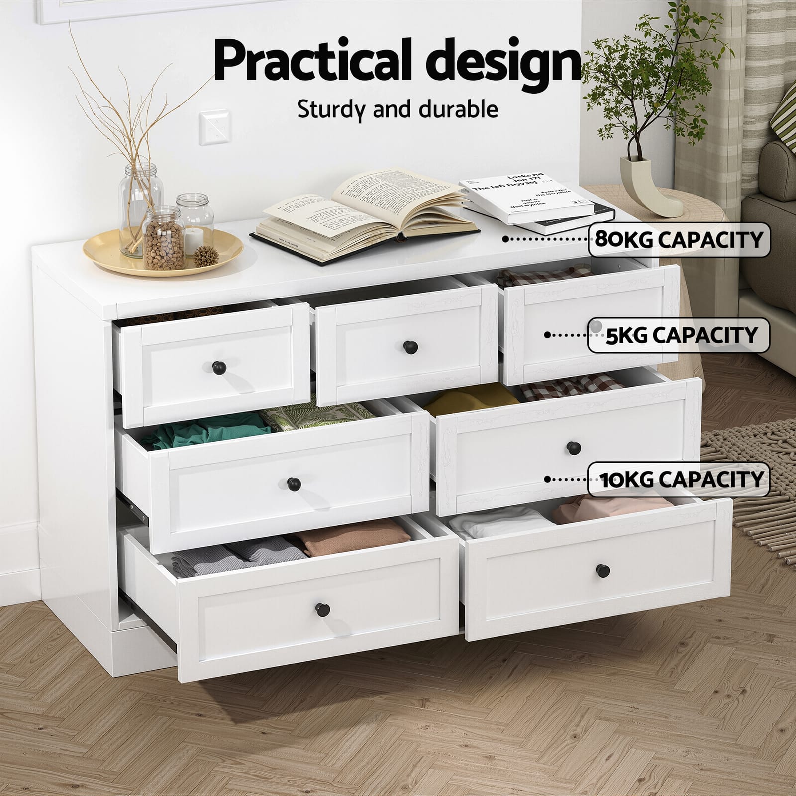 White 7 Drawer Chest 110x39x72cm