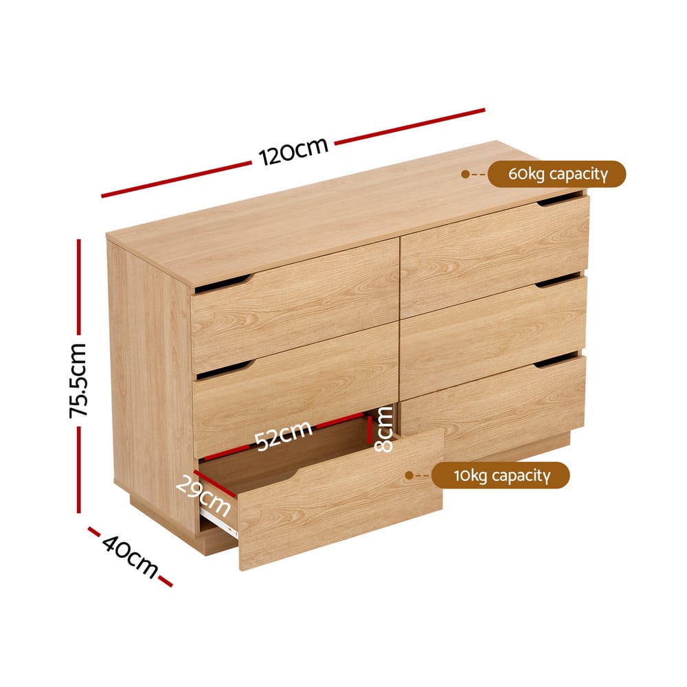 Pine 6 Drawer Chest 120x40x75cm