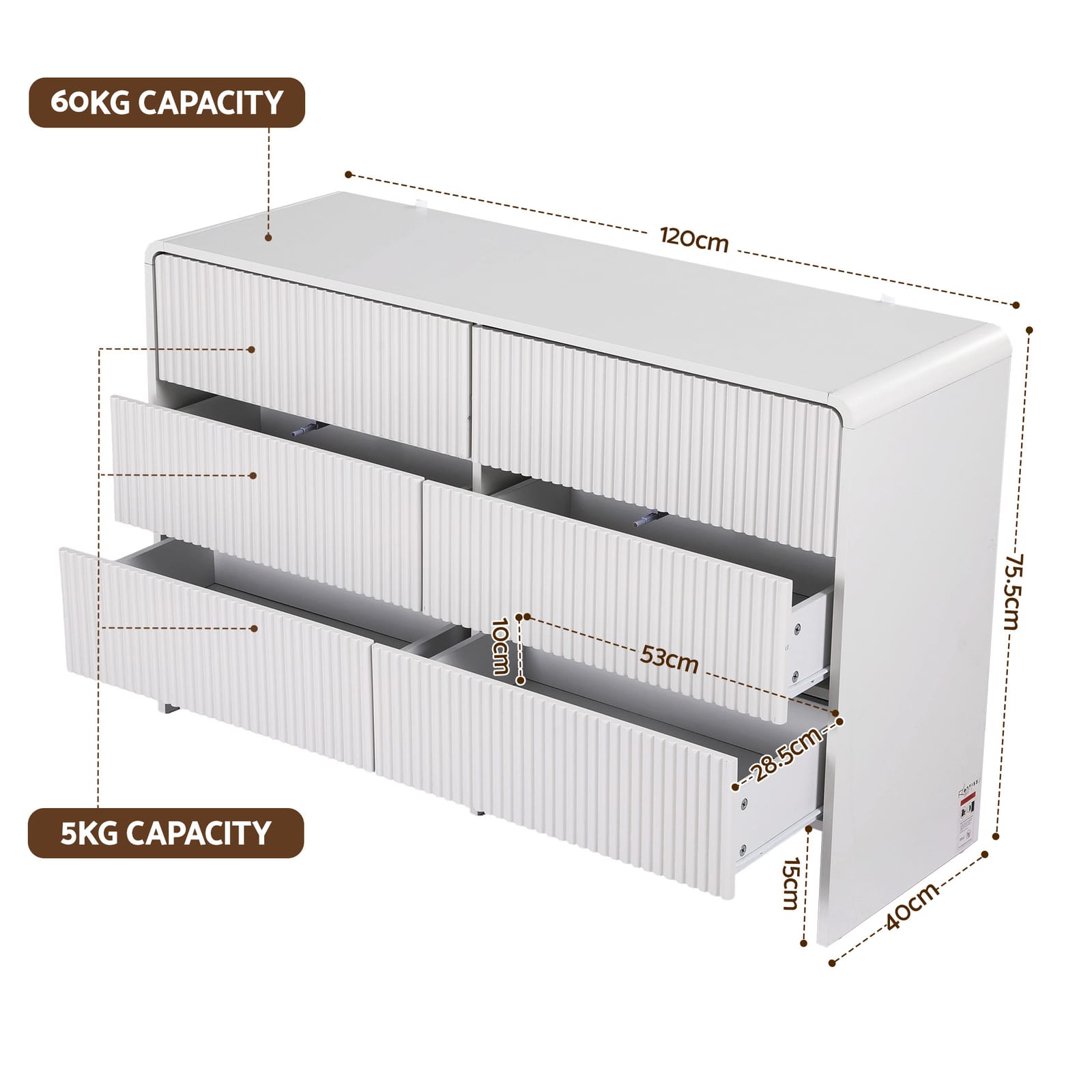 Beige 6 Drawer Chest 120x40x75.5cm
