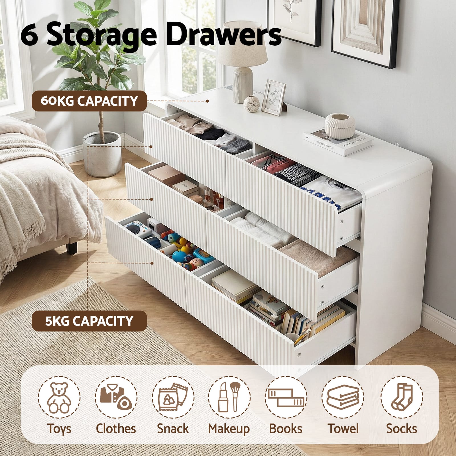 Beige 6 Drawer Chest 120x40x75.5cm