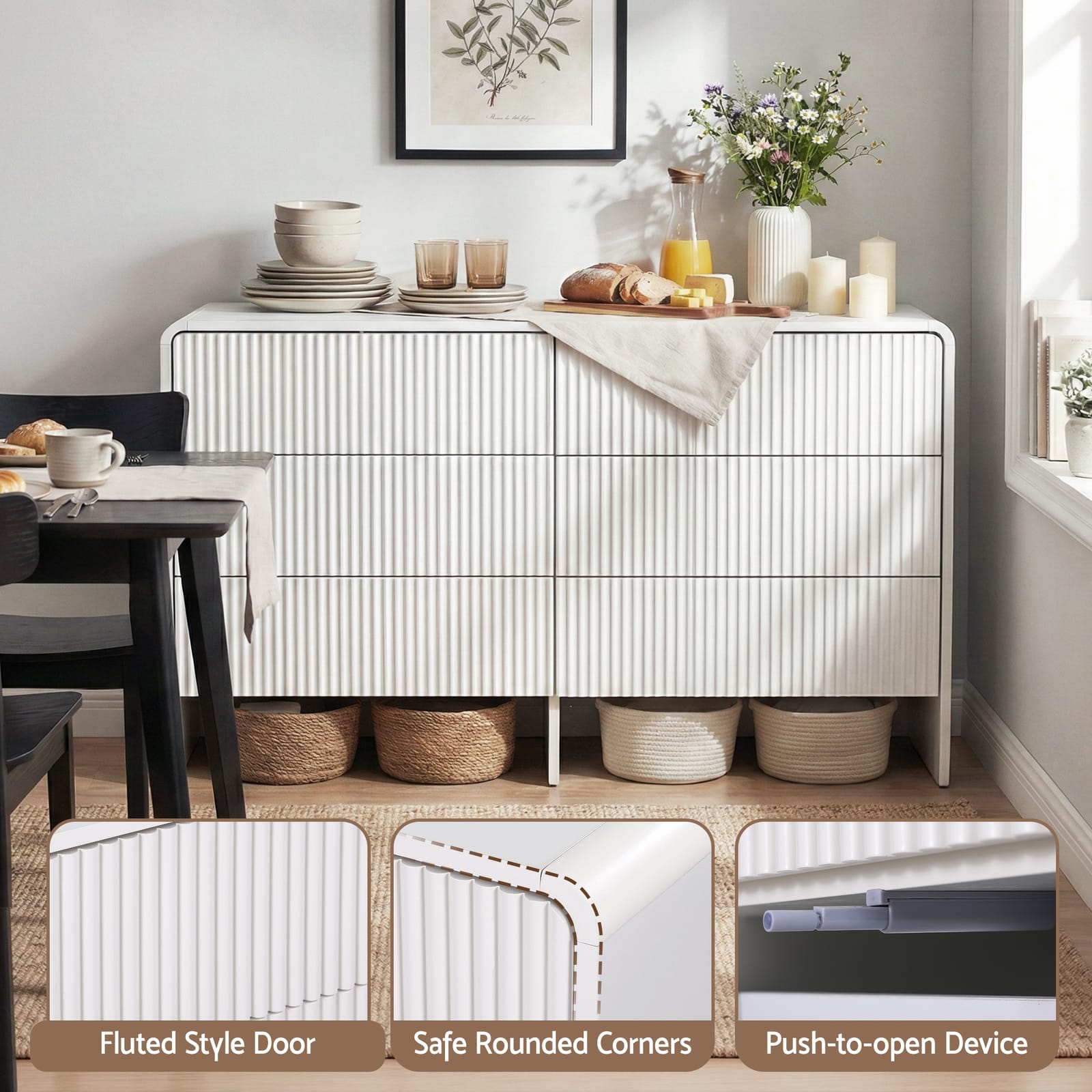 Beige 6 Drawer Chest 120x40x75.5cm