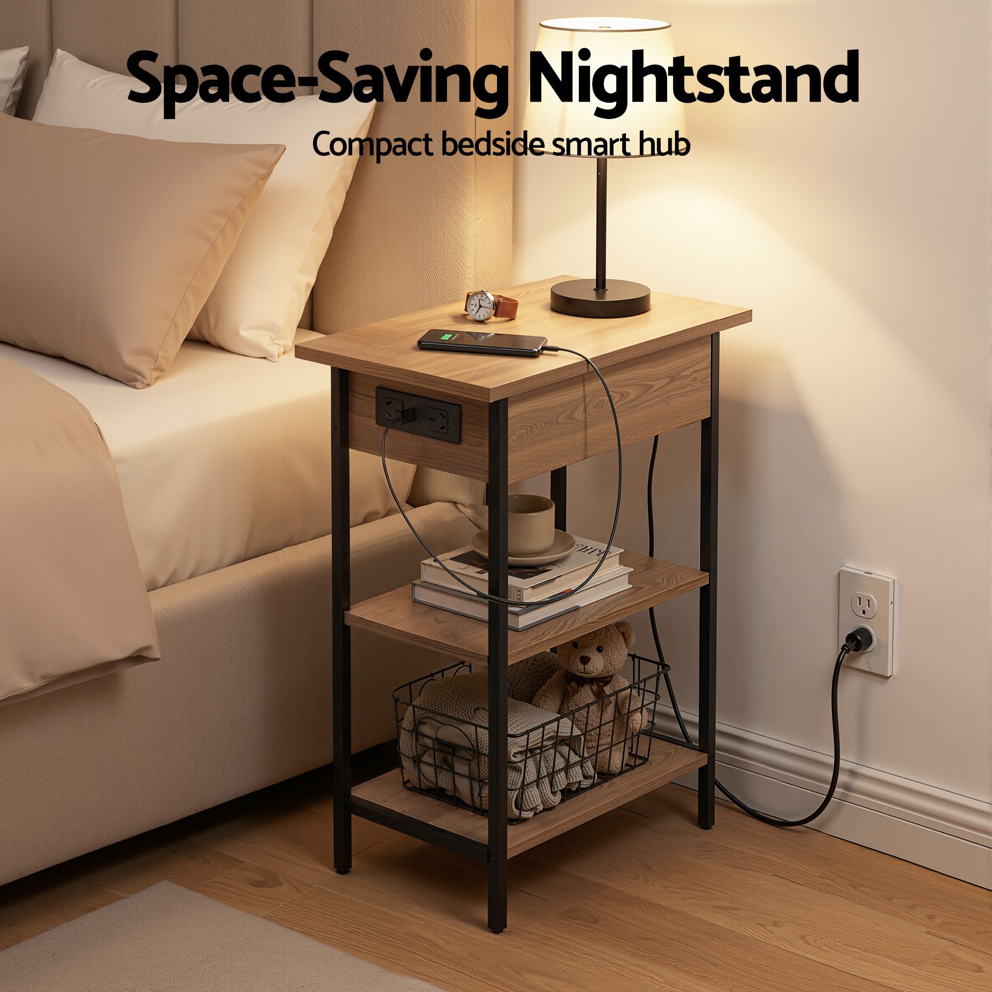 Charging Station Side Table Flip-Top Storage 60cm | Simplede
