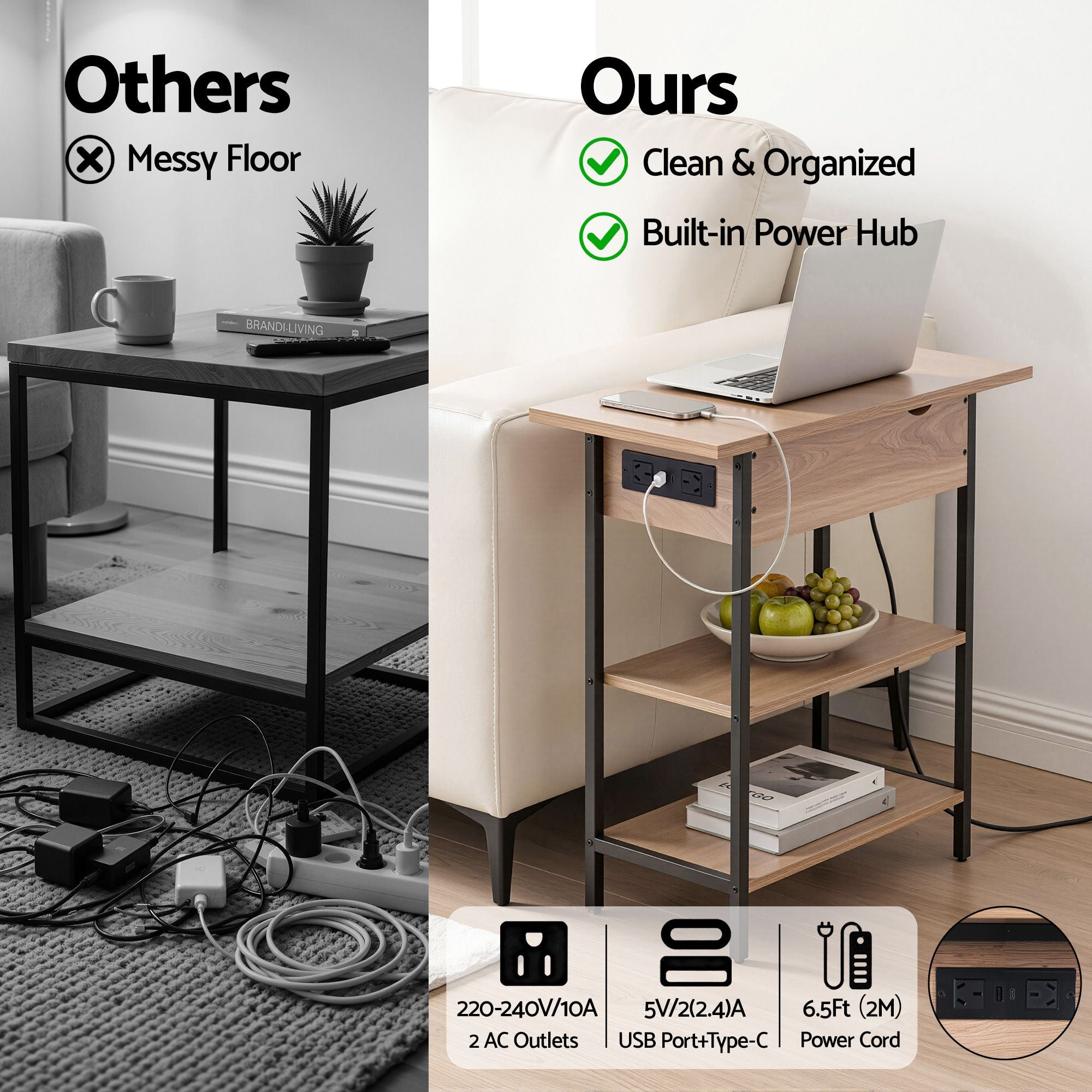 Charging Station Side Table Flip-Top Storage 60cm | Simplede