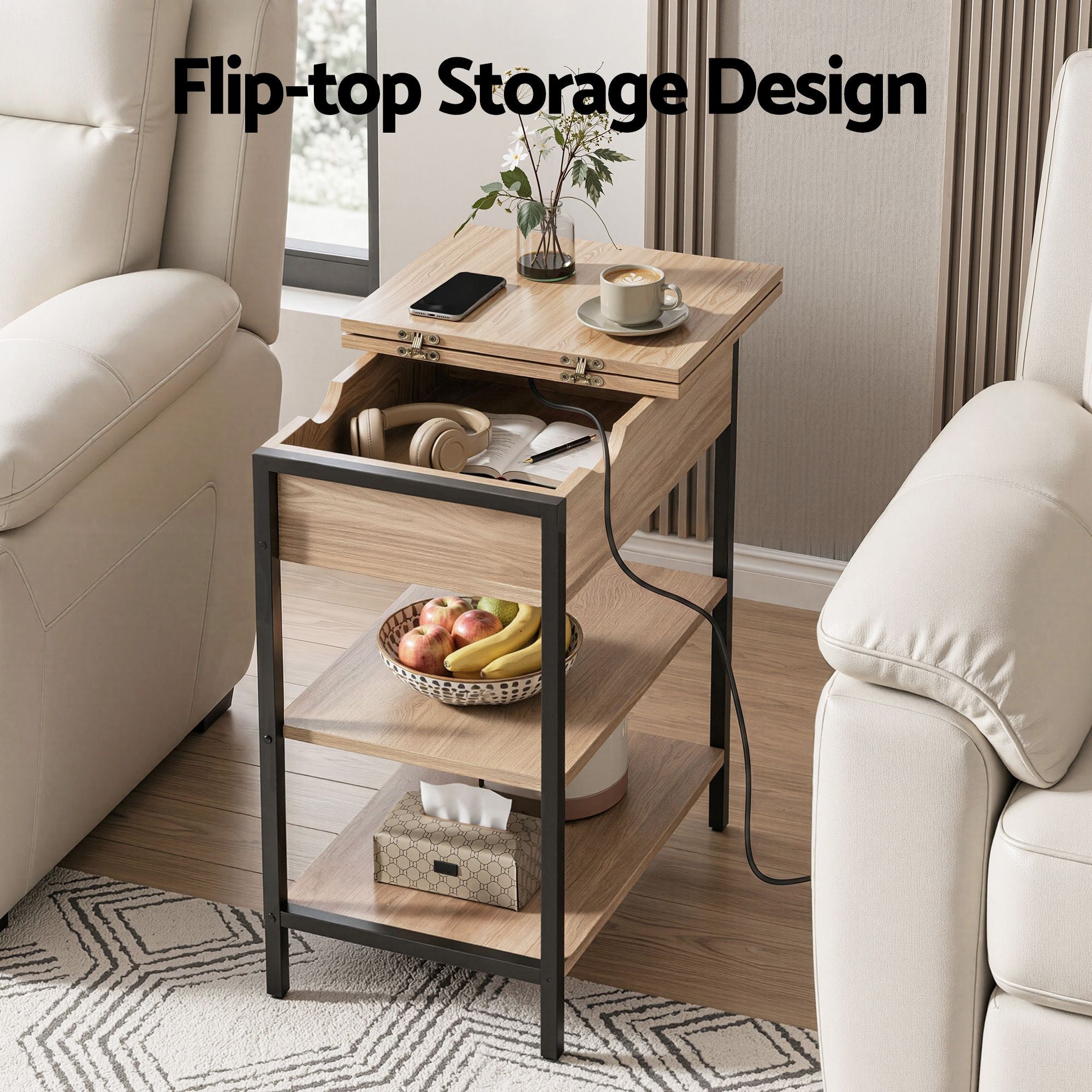 Charging Station Side Table Flip-Top Storage 60cm | Simplede