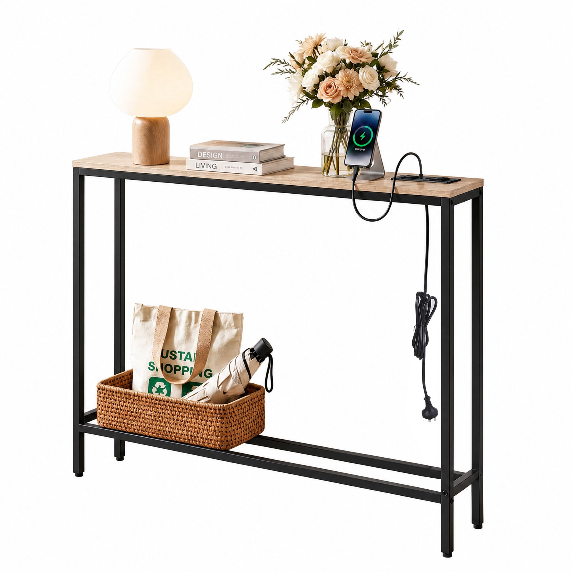 Slim Console Table Charging Station Wood | Simpledeals