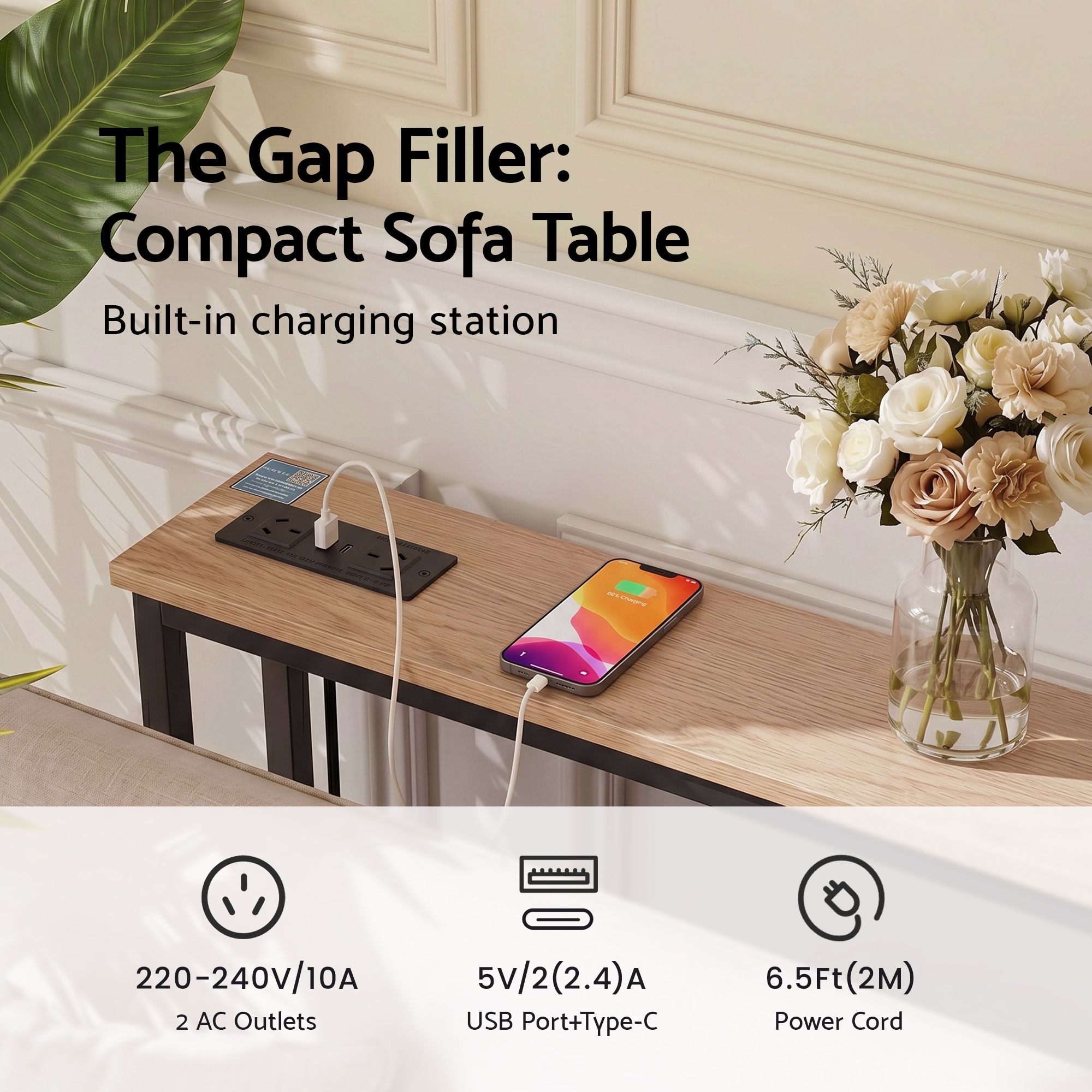Slim Console Table Charging Station Wood | Simpledeals