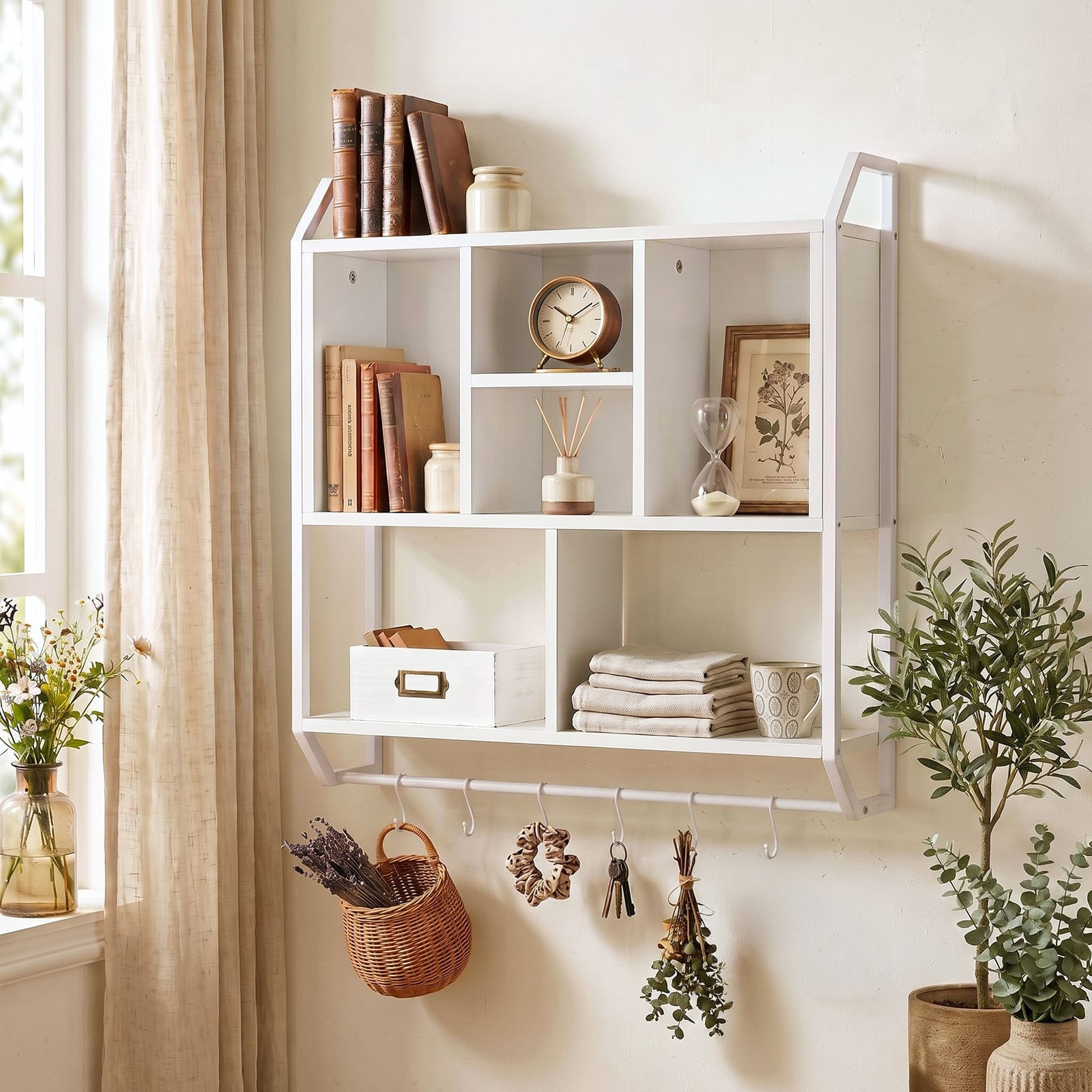 Floating Shelf 6 Hooks White 73.5x74cm