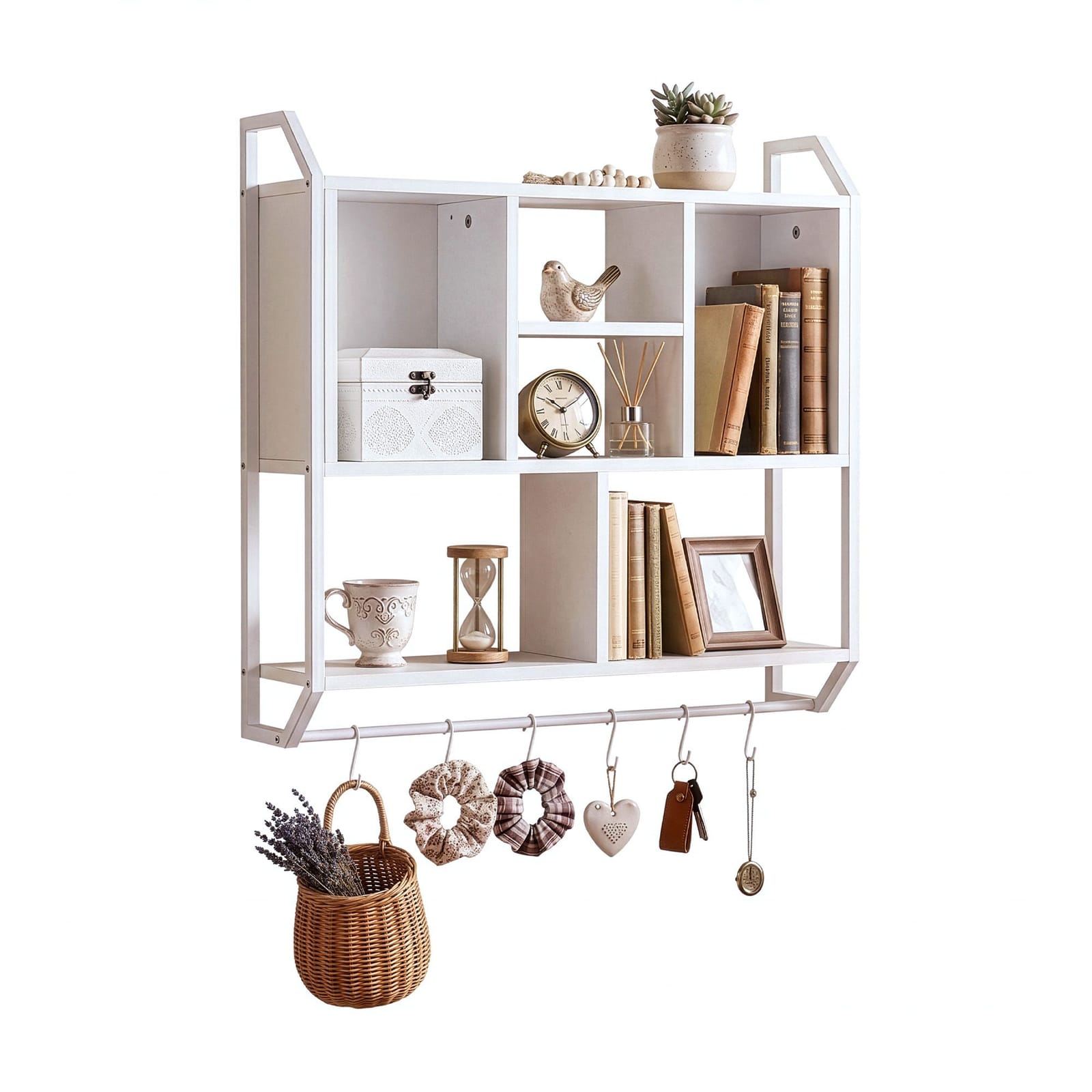 Floating Shelf 6 Hooks White 73.5x74cm