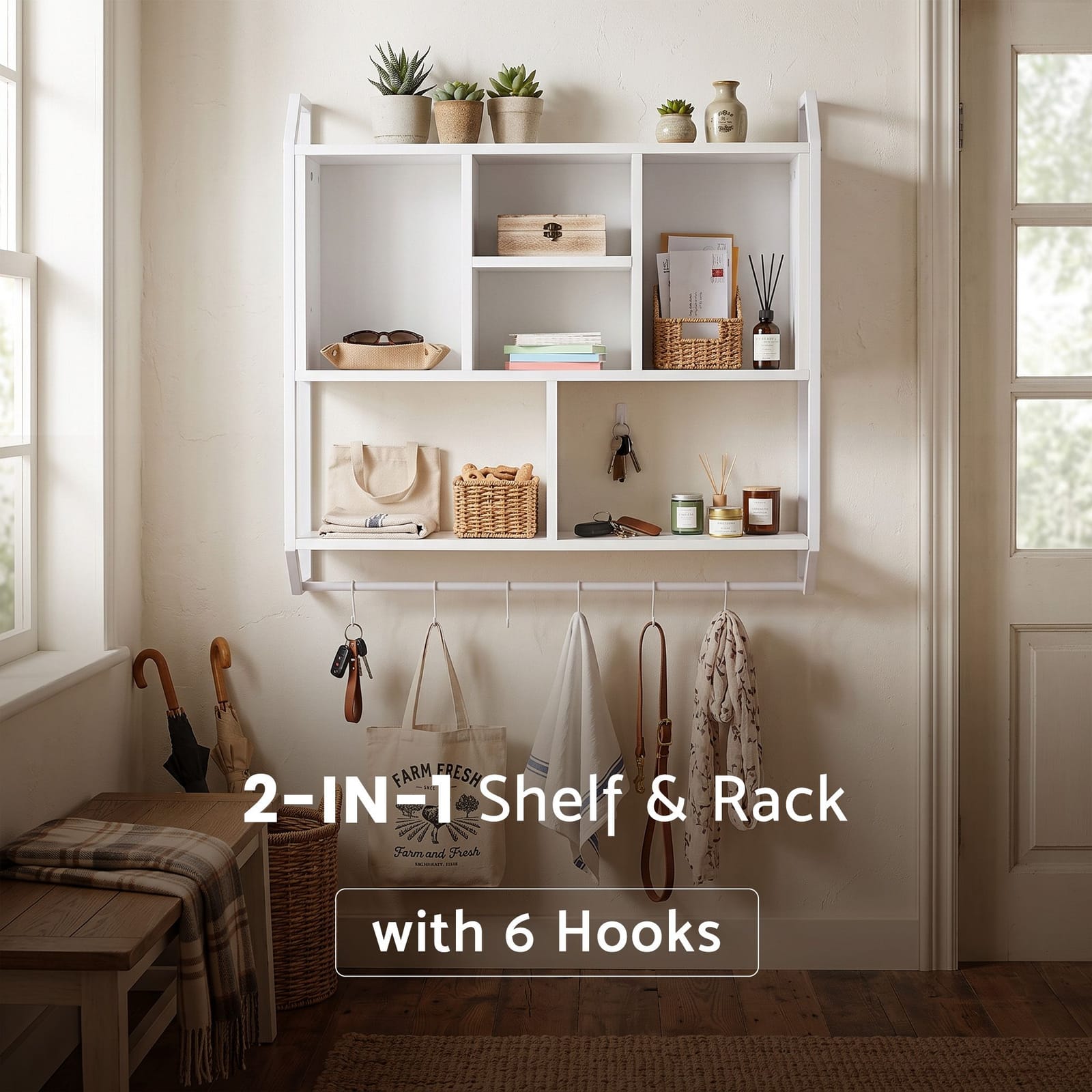 Floating Shelf 6 Hooks White 73.5x74cm