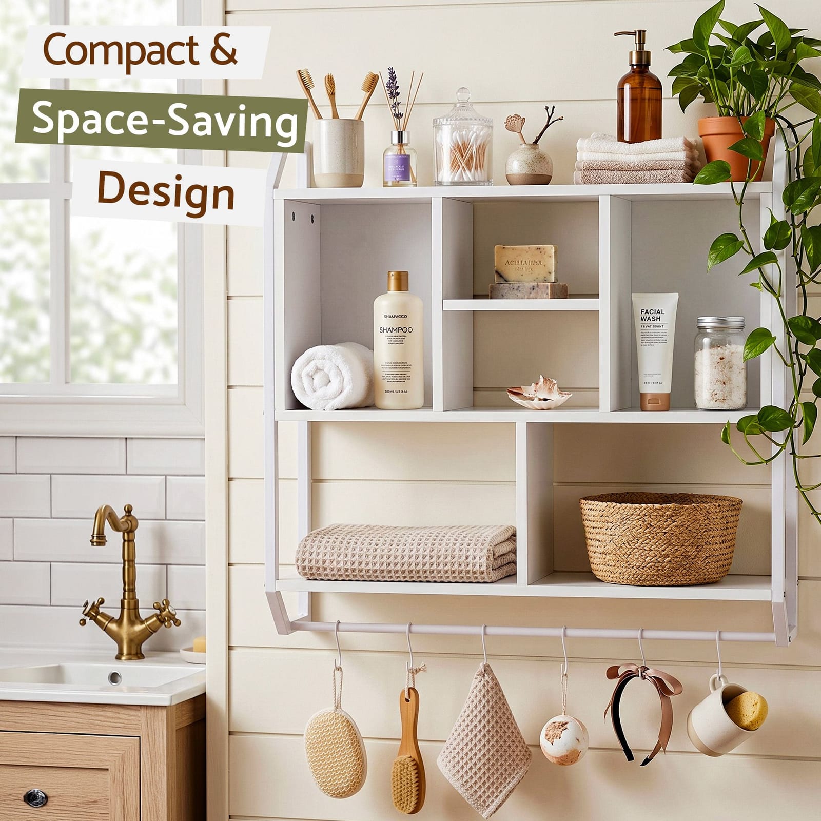 Floating Shelf 6 Hooks White 73.5x74cm