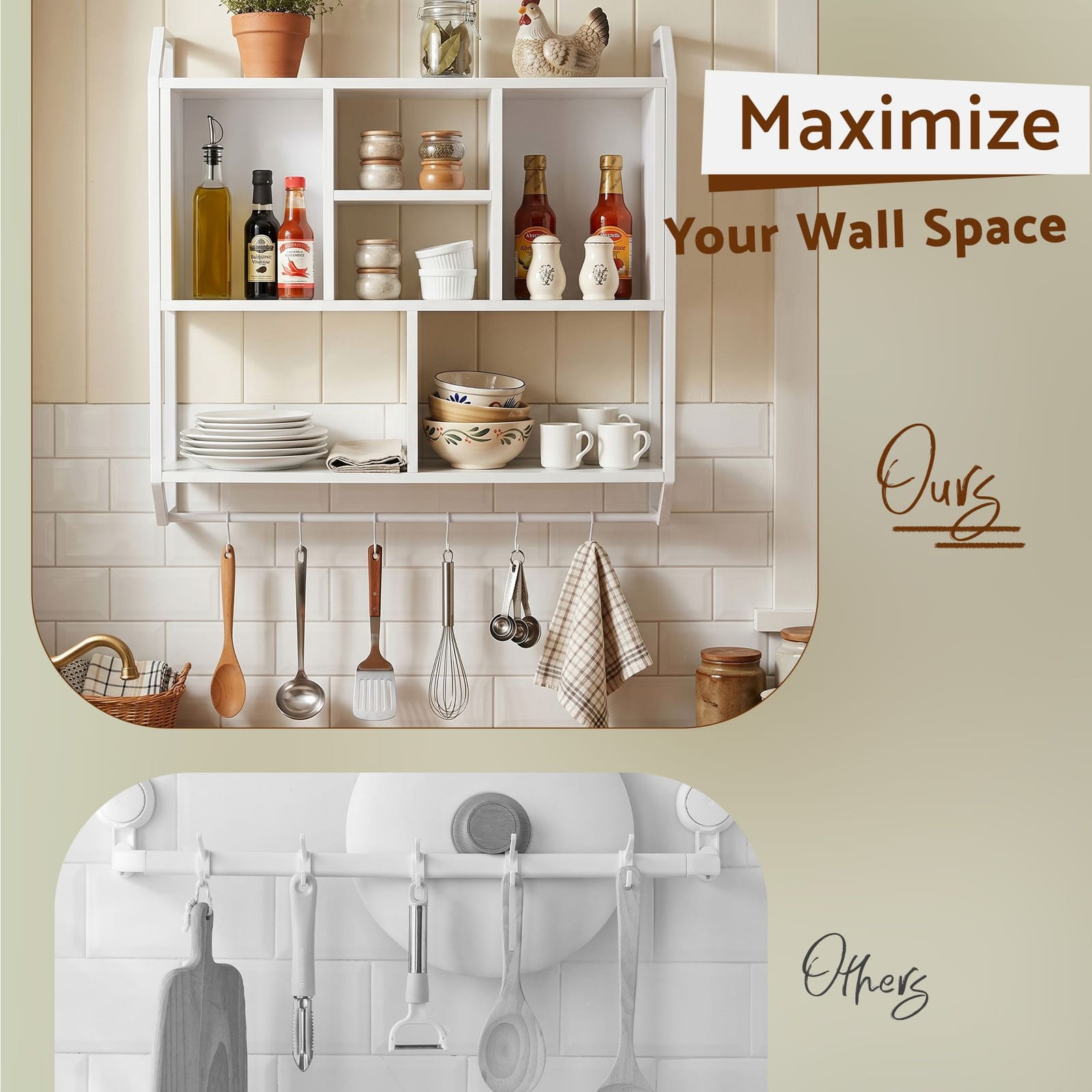 Floating Shelf 6 Hooks White 73.5x74cm