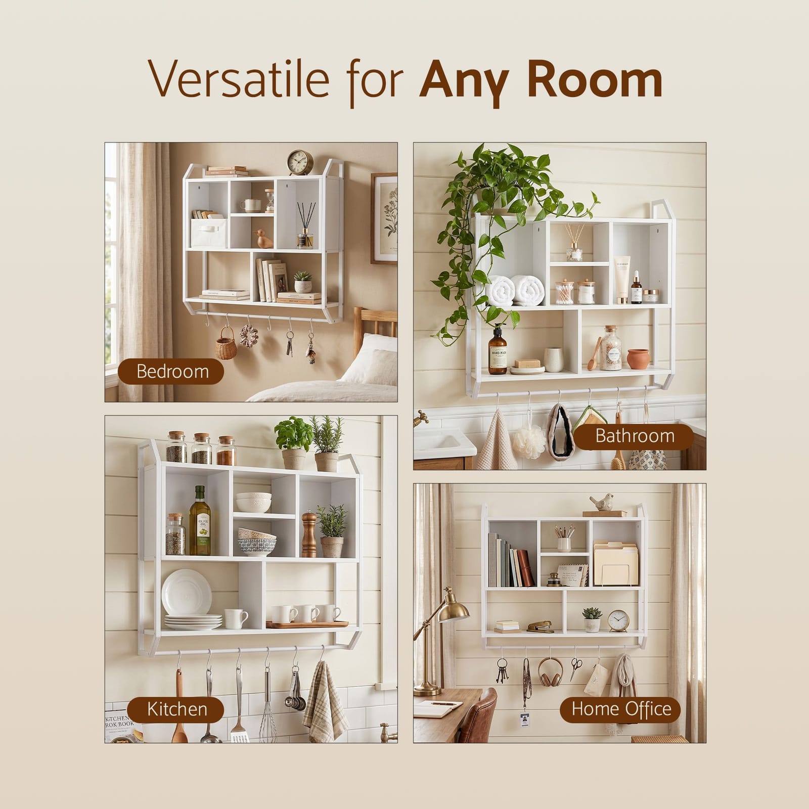 Floating Shelf 6 Hooks White 73.5x74cm