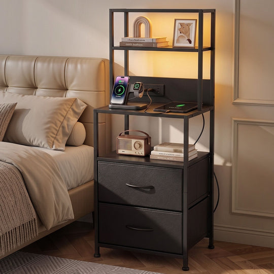 Bedside Table Nightstand Charging Station LED
