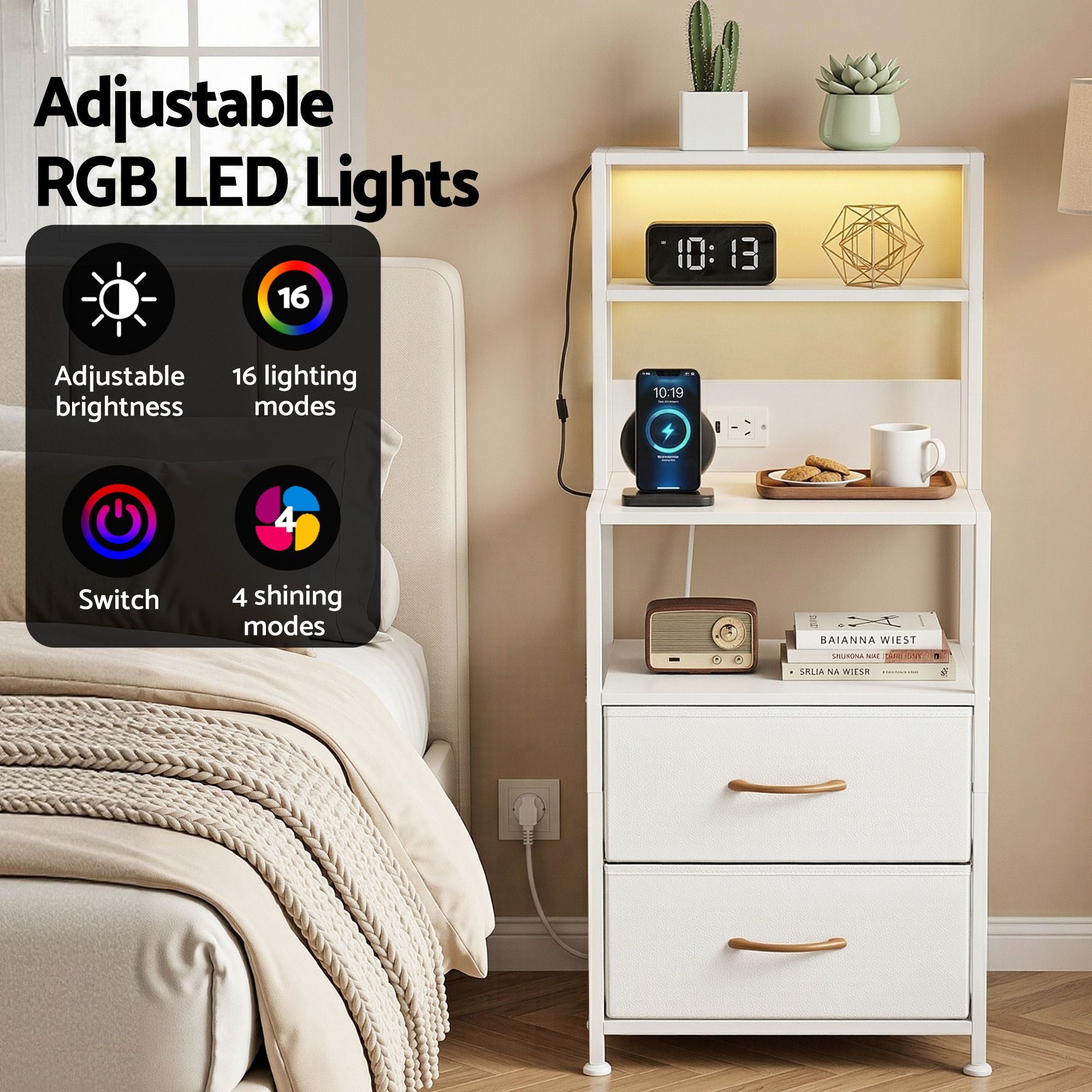 Artiss Bedside Table Nightstand Charging Station LED | Simpledeals