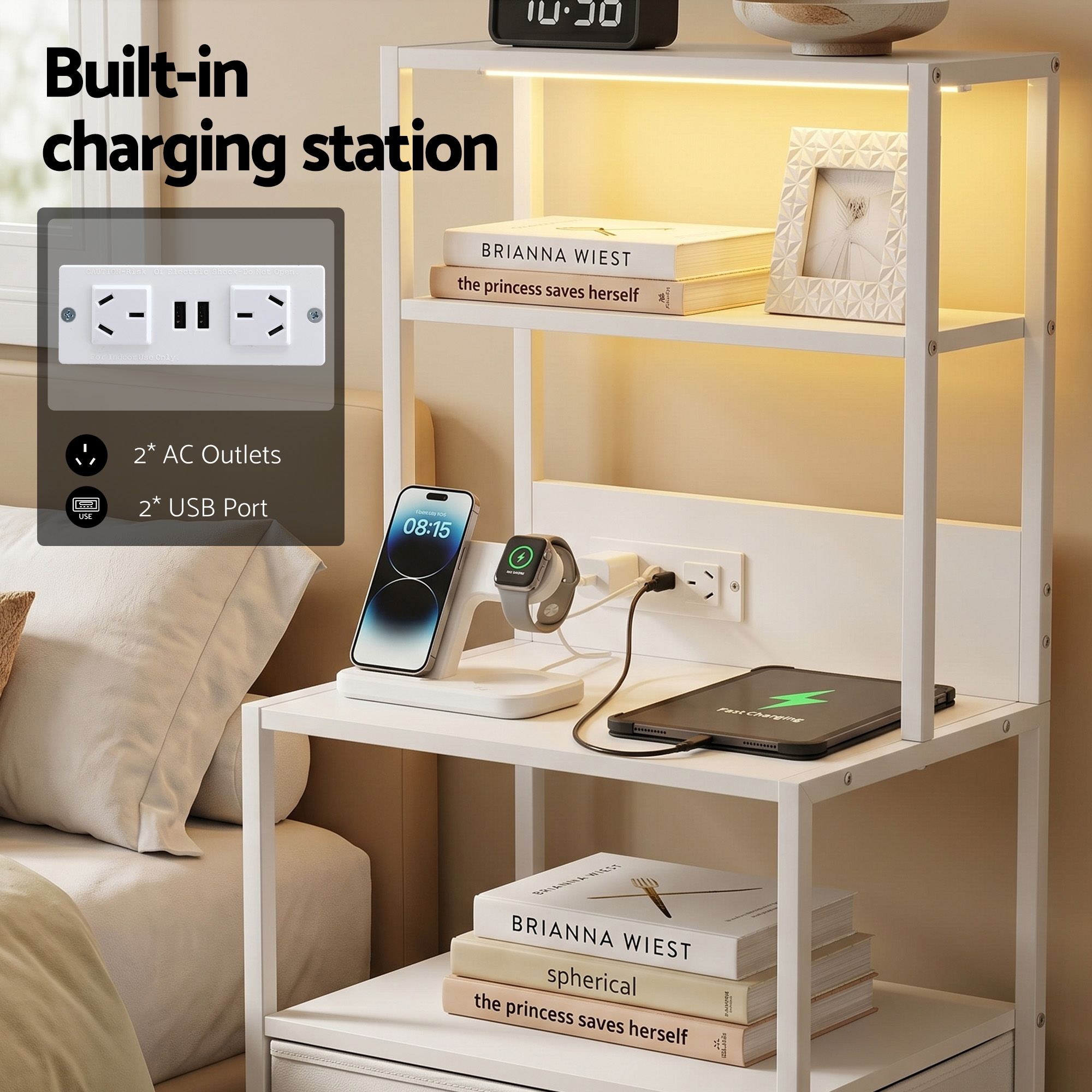 Artiss Bedside Table Nightstand Charging Station LED | Simpledeals