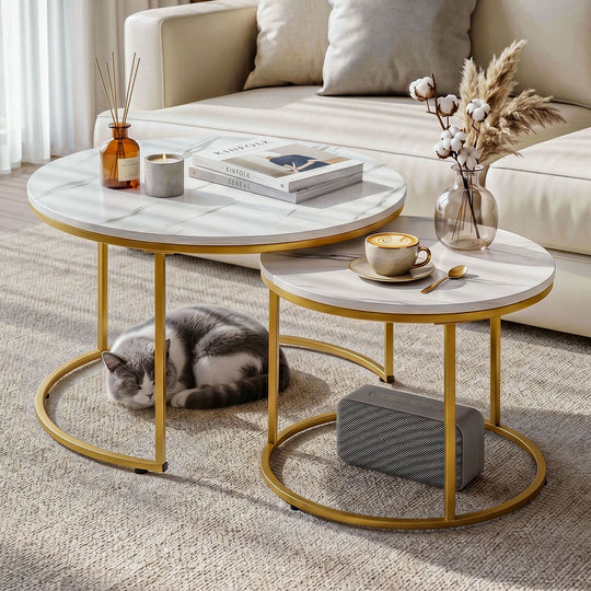 Nesting Coffee Tables Round Marble White Gold - Coffee Tables