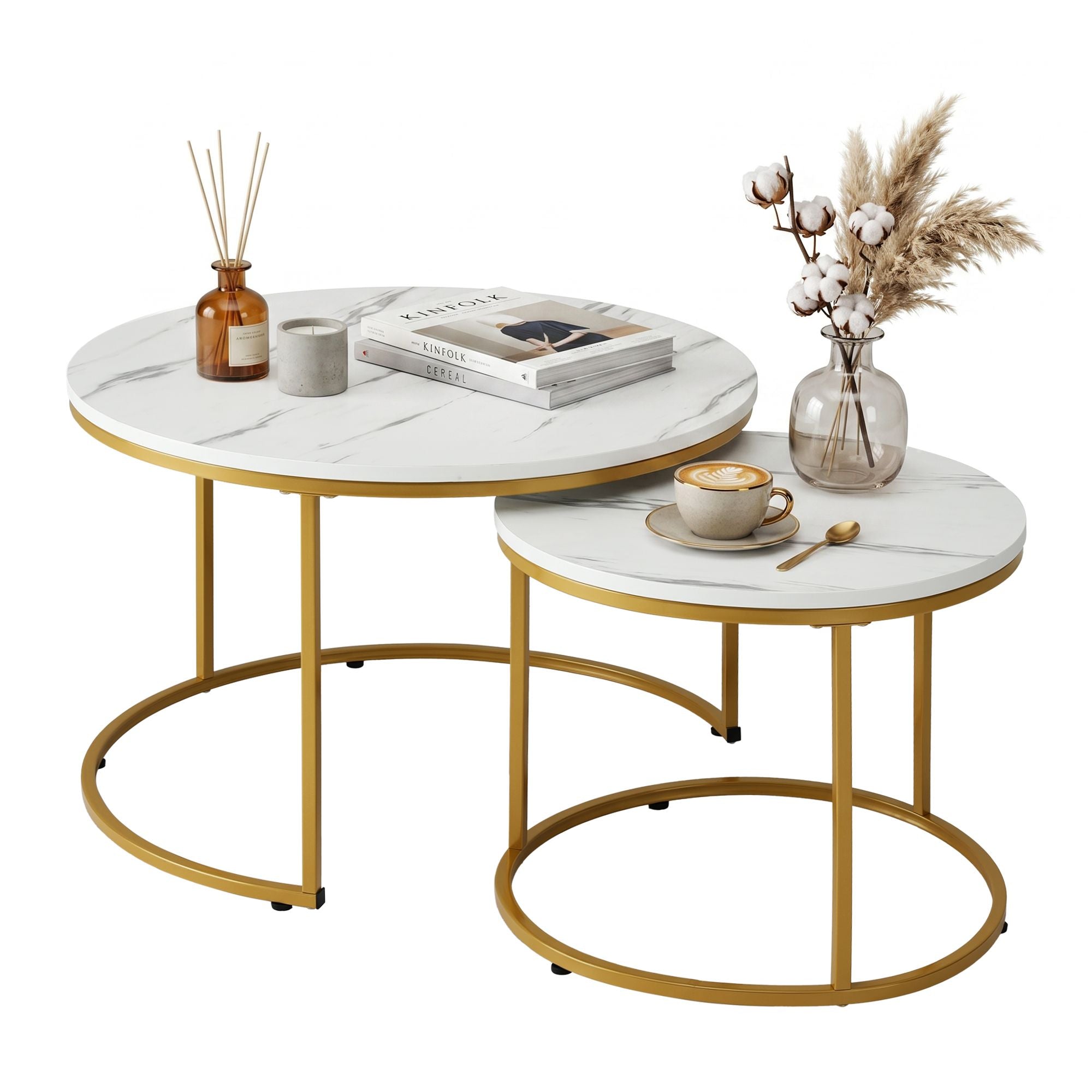 Nesting Coffee Tables Round Marble White Gold | Simpledeals