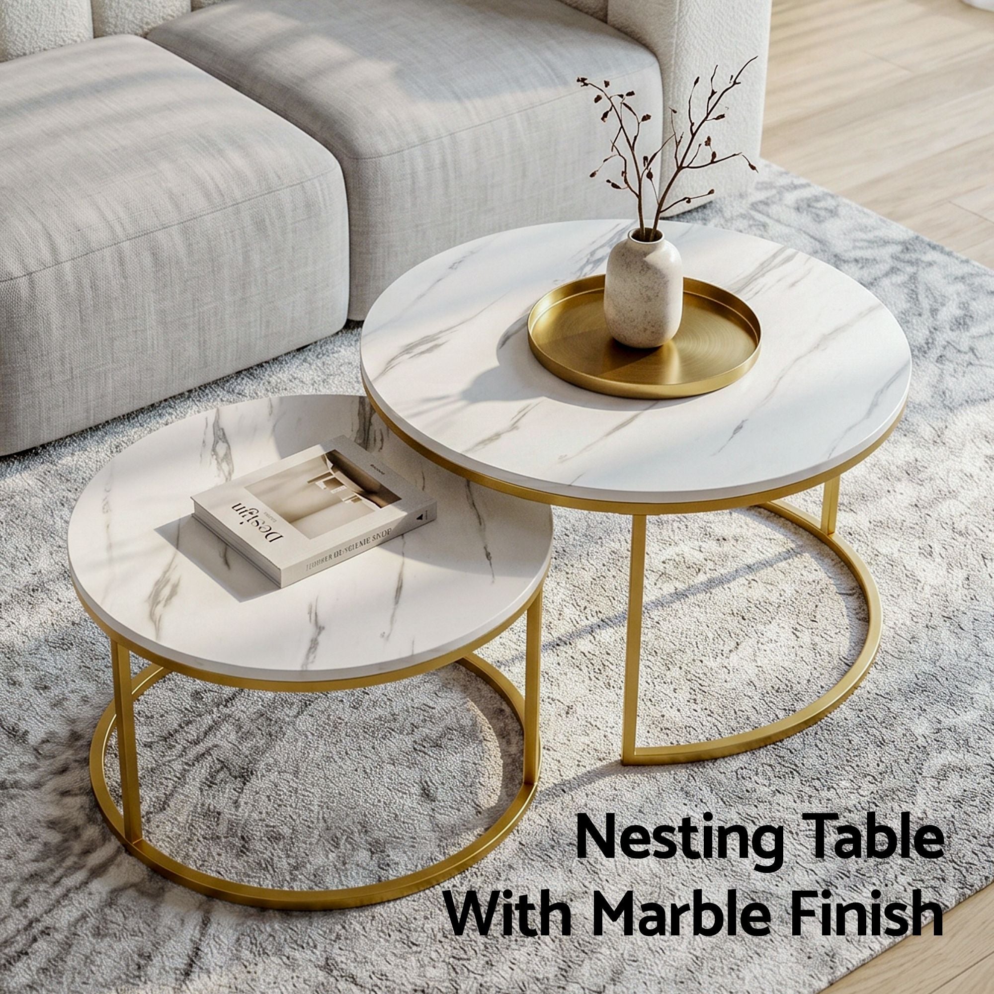 Nesting Coffee Tables Round Marble White Gold | Simpledeals