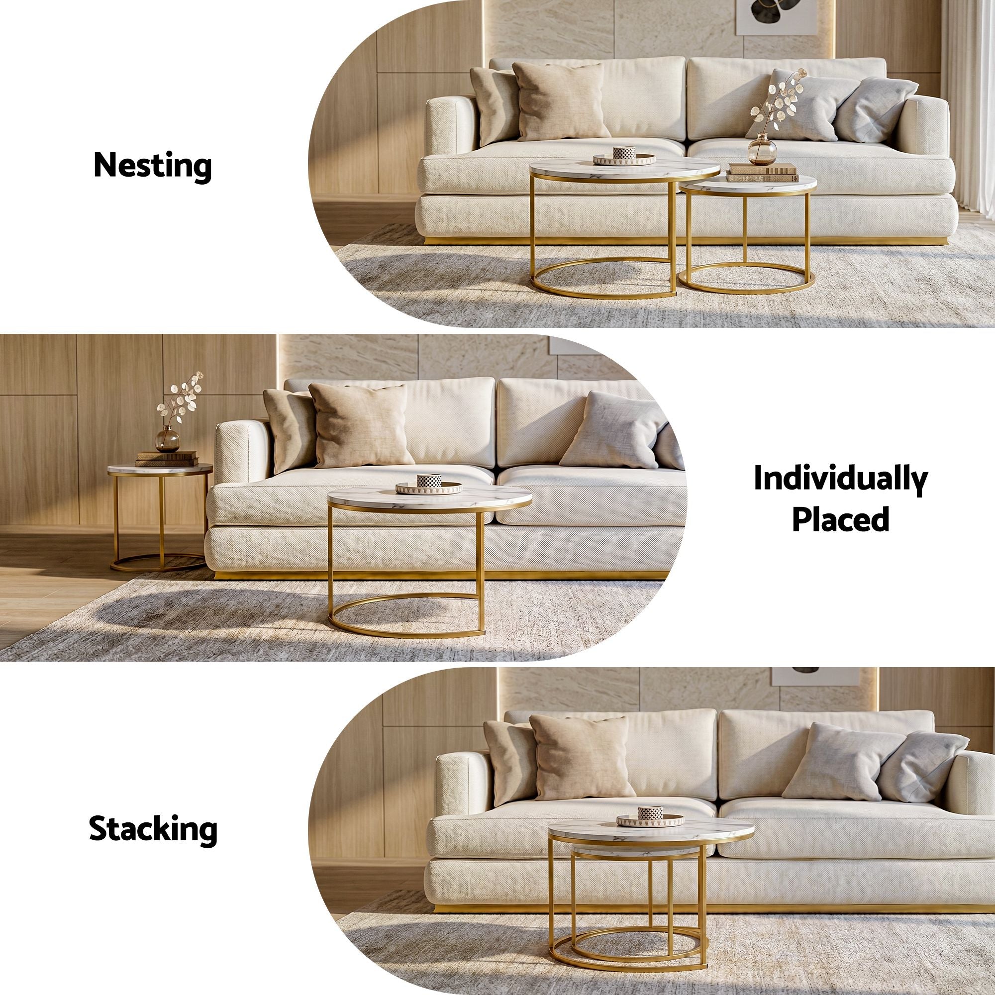 Nesting Coffee Tables Round Marble White Gold | Simpledeals