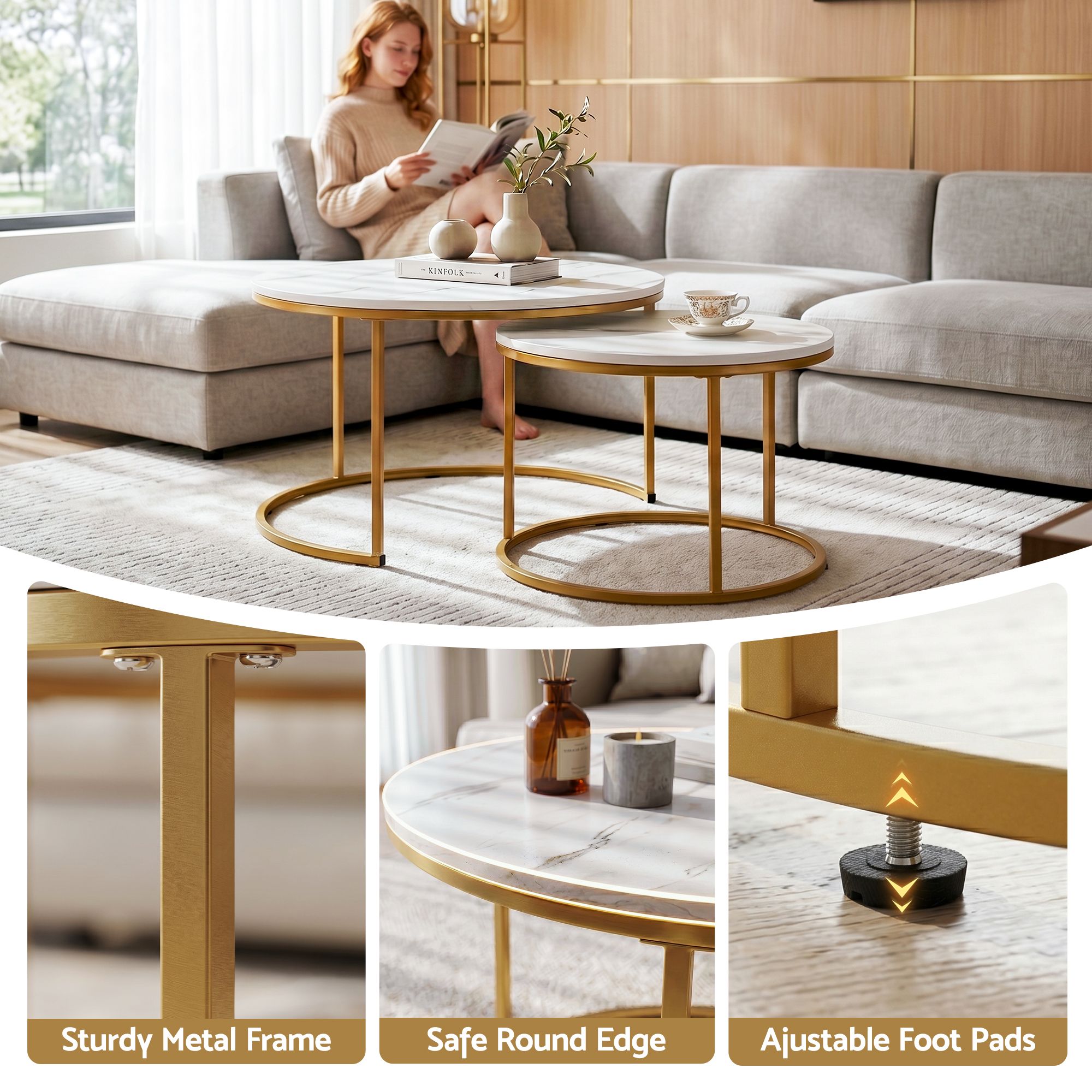 Nesting Coffee Tables Round Marble White Gold | Simpledeals