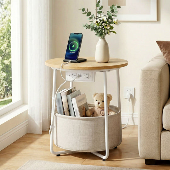Round Side Table Charging Station Storage